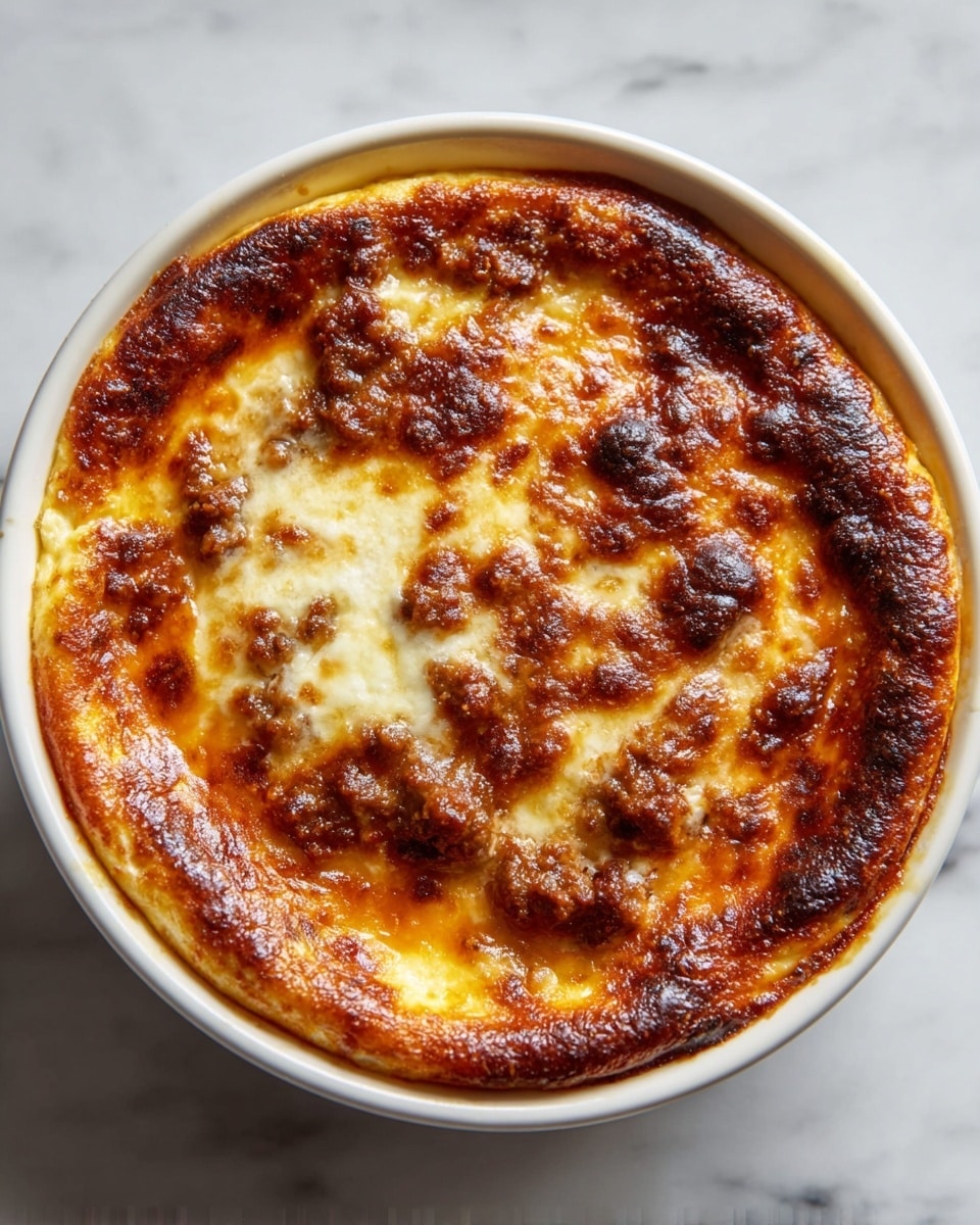 A round baked dish in a white bowl shows a rich golden brown top layer with darker browned spots spread unevenly on the surface. The top layer looks bubbly and cheesy, with some areas showing a slightly crispy texture. The dish has a thick crust around the edge that is well browned and textured, indicating it is baked deep. There are several small clusters of browned meat sauce scattered across the top, with a mix of reddish tomato sauce and melted cheese visible underneath the browned surface. The dish sits on a white marbled surface. photo taken with an iphone --ar 4:5 --v 7