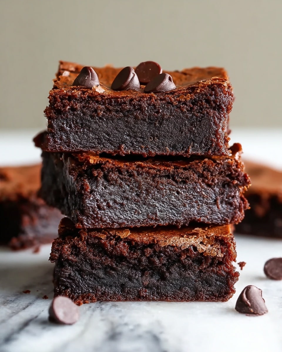 The image shows three stacked rich chocolate brownies on a white marbled surface. Each brownie layer is thick and dense with a moist, dark brown inside texture. The top layer has a thin, slightly cracked crust with a few chocolate chips scattered on top. Around the stack, a few chocolate chips are placed on the surface, adding detail. The brownies have a deep, almost black chocolate color with a soft crumb. Photo taken with an iphone --ar 4:5 --v 7