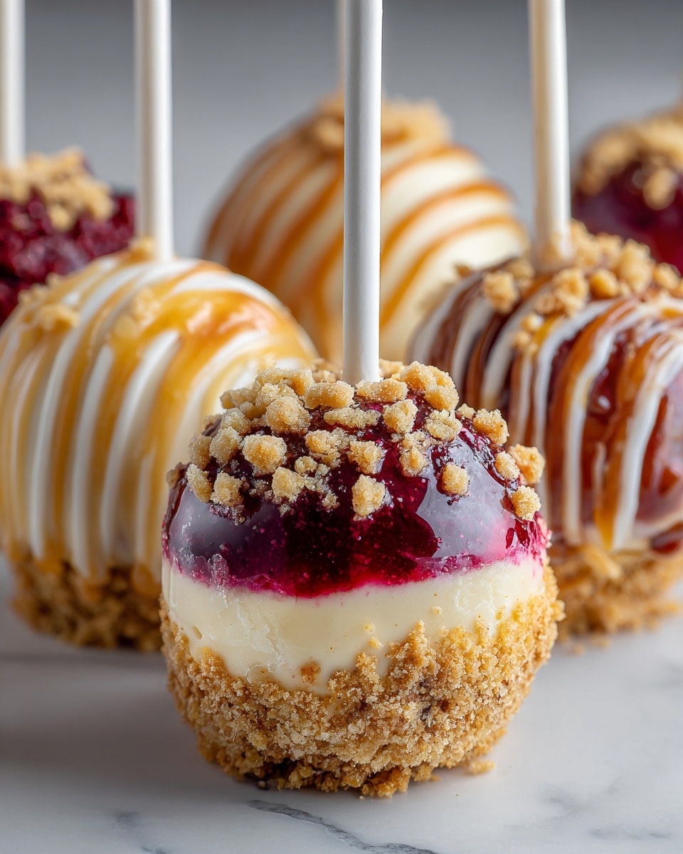 The image shows several round cake pops standing upright on a white marbled surface, each on a white stick. The cake pop in front has three visible layers: the bottom layer is a crumbly golden-brown crust, the middle layer is creamy and pale yellow, and the top layer has a shiny deep red berry glaze covered with small chunks of crumbly golden crumbs. Behind it, other cake pops feature a white creamy base with caramel-colored drizzle and crumbly topping. The overall look is glossy and textured, with delicious layers clearly shown. photo taken with an iphone --ar 4:5 --v 7