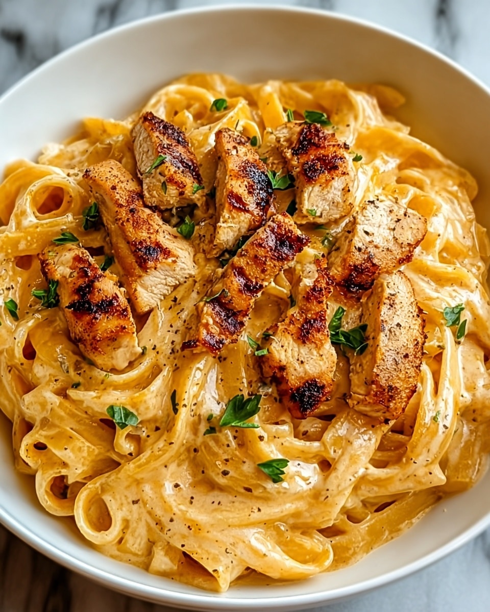 A white bowl filled with creamy fettuccine pasta coated in a light orange sauce with specks of black pepper, topped with several pieces of golden-brown grilled chicken scattered neatly on top. Bright green herb leaves are sprinkled over the chicken, adding a fresh touch. The pasta looks smooth and slightly glossy, with the chicken pieces showing a crispy, textured surface from grilling. The bowl sits on a white marbled surface, emphasizing the warm colors of the dish. photo taken with an iphone --ar 4:5 --v 7