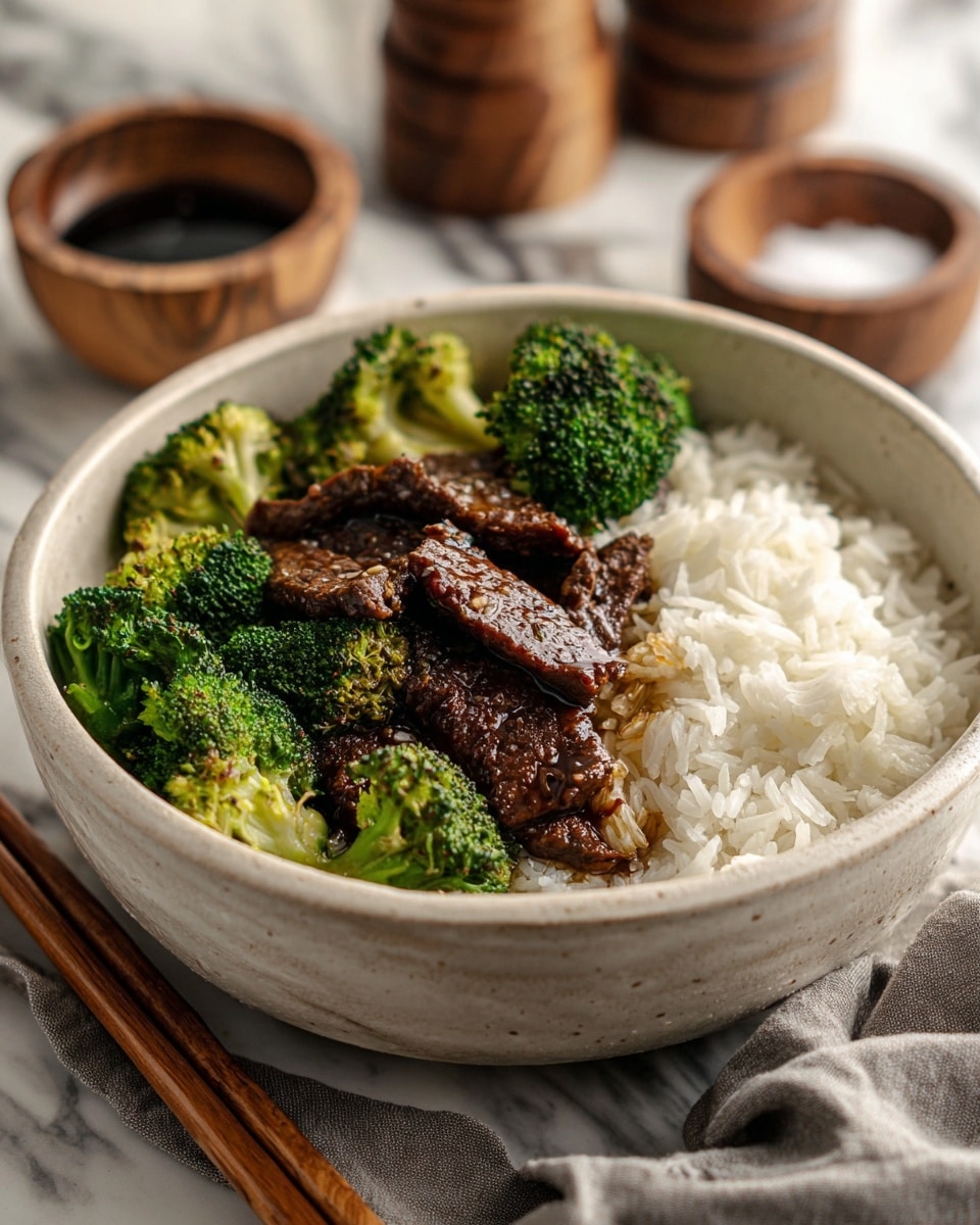 A close-up view of a beige bowl filled with three layers: at the bottom, a bed of white, fluffy rice with distinct grains, in the middle, bright green broccoli florets with textured tops and crisp stalks, and on top, dark brown beef strips coated in a glossy sauce with a slightly oily shine. The bowl rests on a white marbled surface with a pair of wooden chopsticks placed on the left side of the bowl, and a sharply focused gray cloth napkin partially under the bowl on the right. In the background, blurred soy sauce containers and a wooden bowl with salt are visible, creating a cozy, casual dining scene. photo taken with an iphone --ar 4:5 --v 7