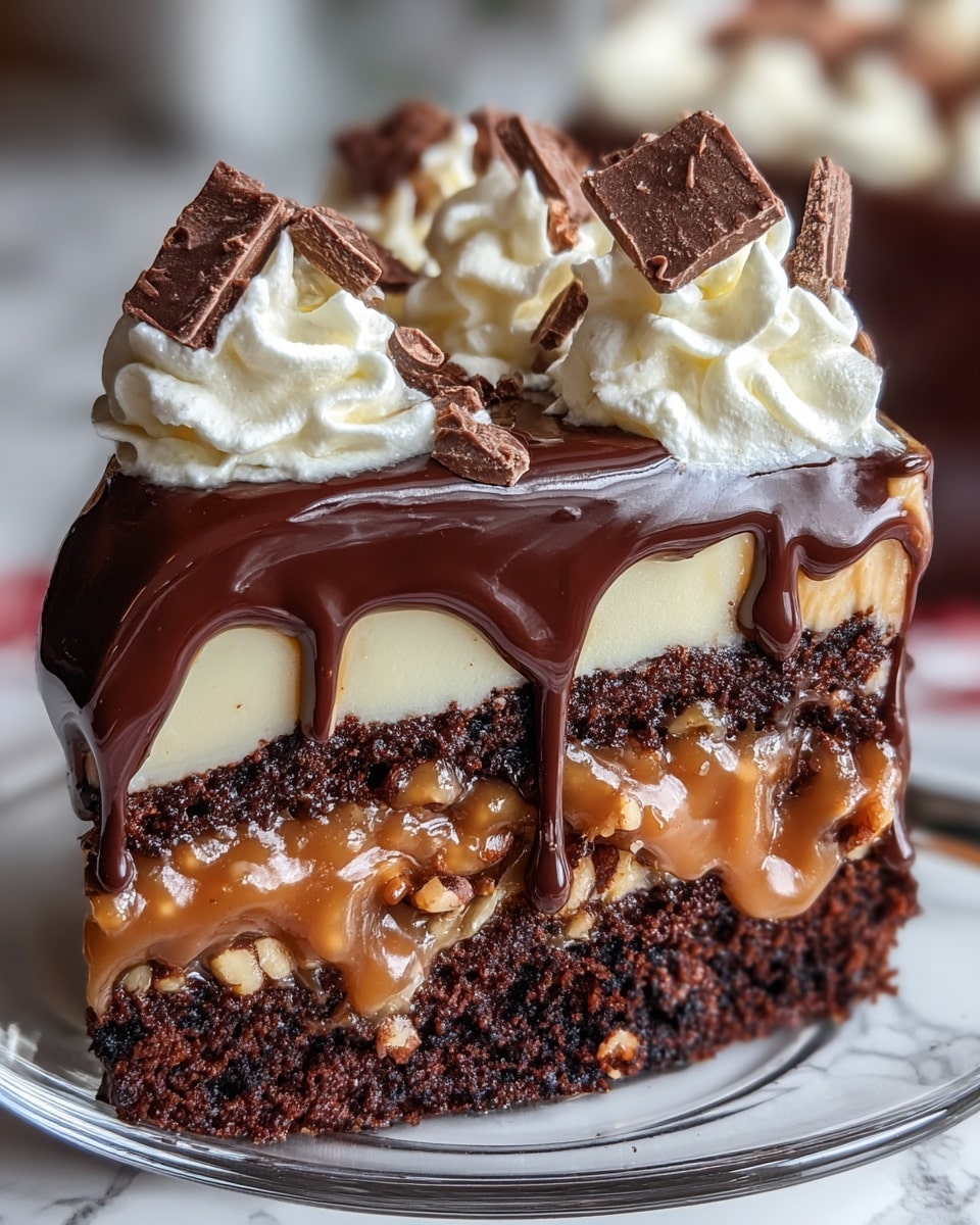 This image shows a close-up of a rich chocolate cake slice with four visible layers. The bottom layer is a dark brown moist chocolate cake with small nut pieces. Above that is a smooth light cream-colored layer. The third layer is a thick, gooey caramel with nut bits, topped by glossy dark chocolate ganache dripping slightly down the sides. On top, there are several dollops of smooth, white whipped cream, each decorated with pieces of chopped dark chocolate. The slice is served on a clear glass plate, and the background is a white marbled texture. Photo taken with an iphone --ar 4:5 --v 7