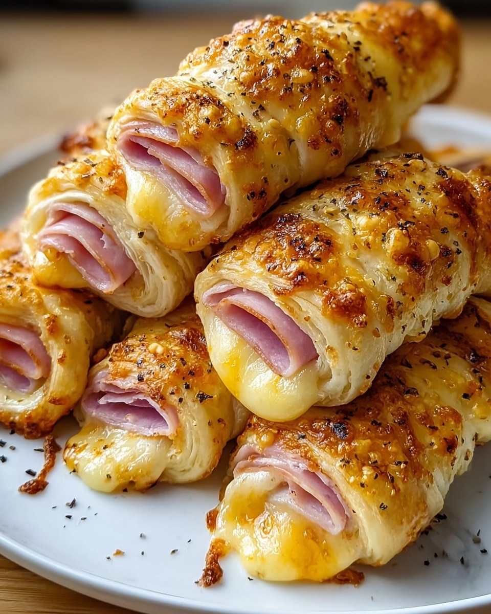 A white plate holds several rolled pastries that each have three visible layers: a pink ham layer in the center, a middle melted yellow cheese layer that oozes out slightly, and an outer golden-brown baked dough layer sprinkled with black pepper and melted cheese bits. The dough looks crispy and has a shiny, slightly rough texture with browned spots. The rolls are stacked closely together on a white marbled surface. photo taken with an iphone --ar 4:5 --v 7