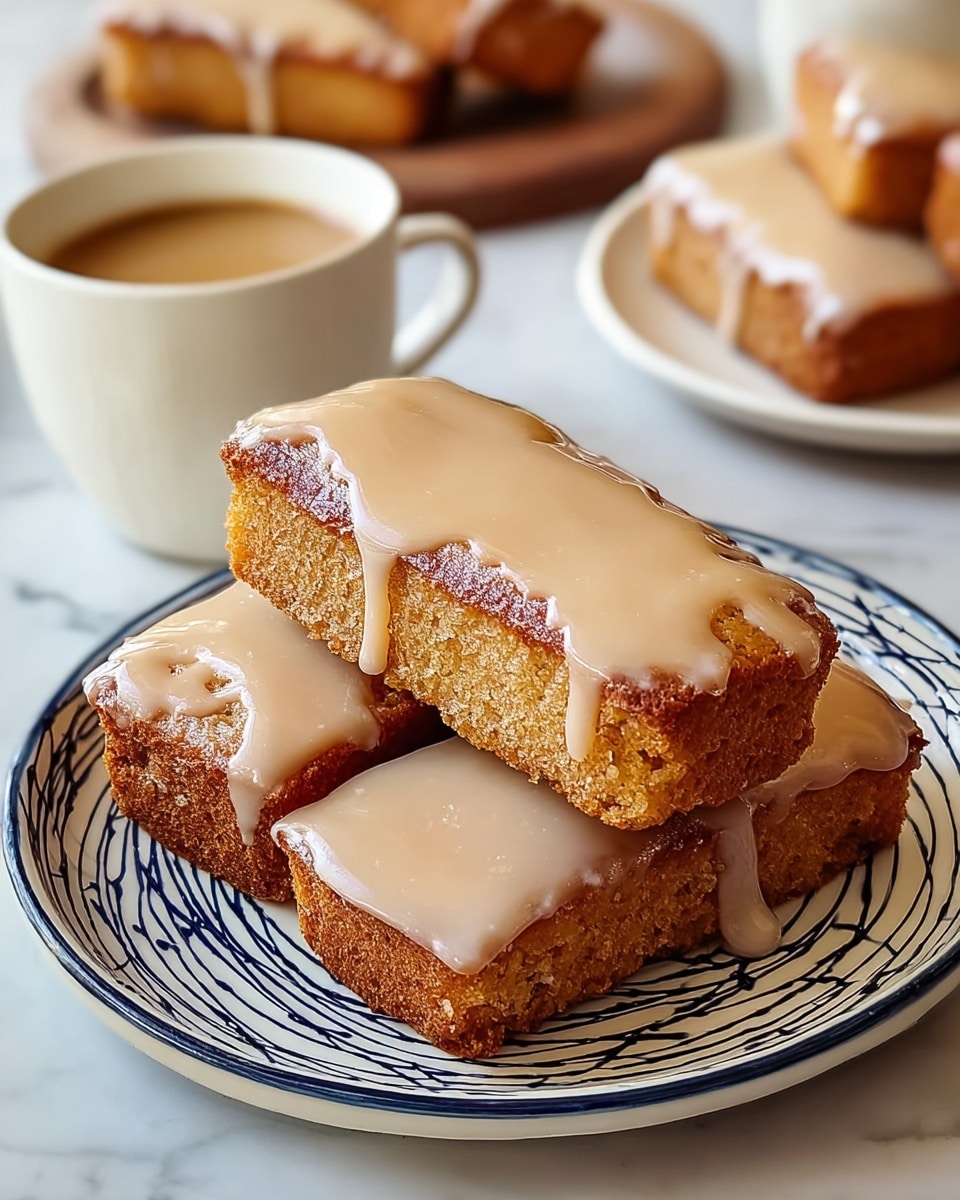 There is a white plate with dark blue abstract lines holding five rectangular cake pieces, stacked slightly on top of each other. Each cake piece has a golden brown base layer with a moist texture and is covered with a thick, shiny beige glaze that drips unevenly down the sides. In the background, a white cup filled with light brown coffee sits on a matching saucer on a white marbled surface, with an additional white plate holding more glazed cake pieces blurred behind it. Photo taken with an iphone --ar 4:5 --v 7