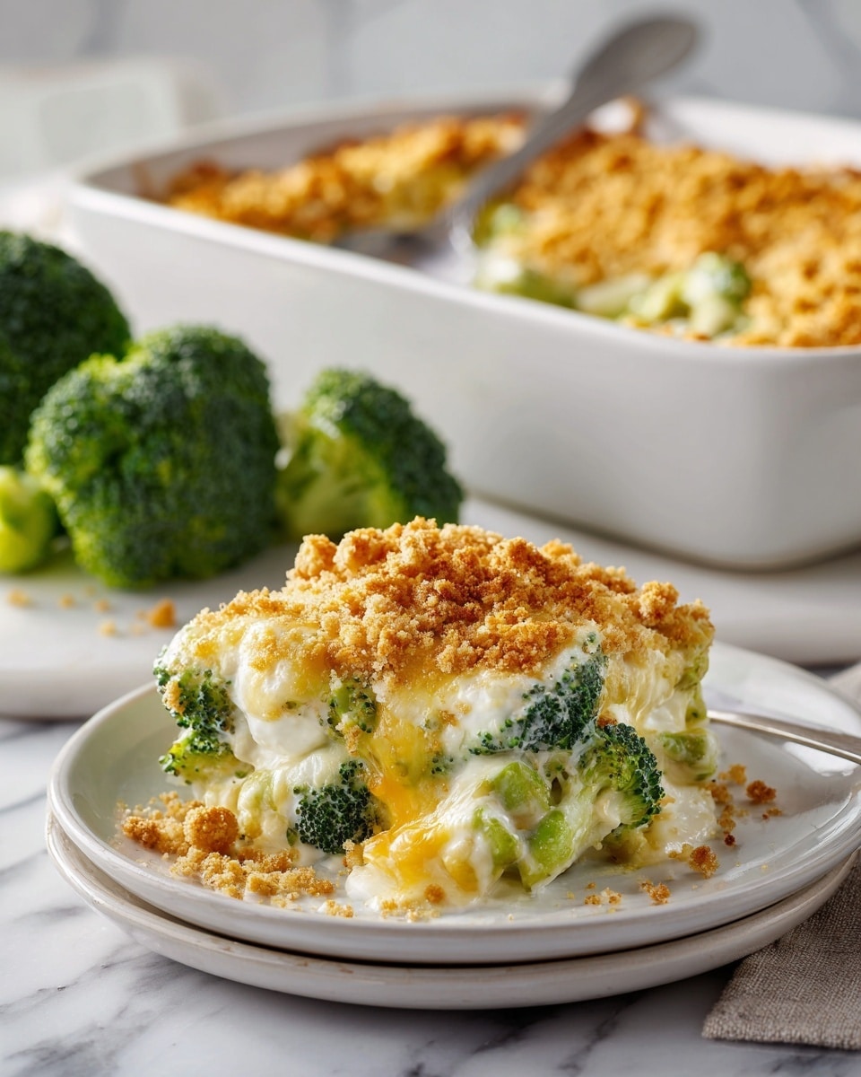 A serving of broccoli casserole sits on a white plate, showing multiple layers: bright green broccoli pieces mixed with creamy white cheese sauce, topped with melted golden cheddar cheese, and finished with a crunchy, light brown crumb topping. In the background, a white baking dish filled with the same casserole is visible on a white marbled surface, with a silver serving spoon resting inside. To the left, fresh broccoli florets add a fresh green contrast. The scene is softly lit, highlighting the creamy, cheesy texture and crumbly topping. Photo taken with an iphone --ar 4:5 --v 7