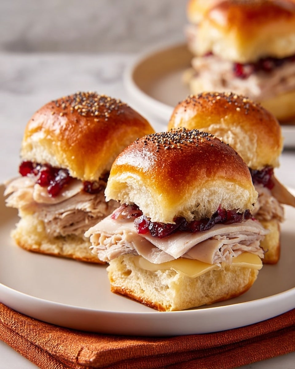Three small sandwiches stacked on a white plate over a folded orange cloth on a white marbled surface. Each sandwich has three layers: a shiny golden-brown top bun sprinkled with poppy seeds, a middle layer of thin slices of roasted turkey meat with a few bright red cranberry bits, and a melted light yellow cheese on the bottom soft, fluffy bun. The middle layer’s turkey looks tender with small bits of herbs or pepper. Photo taken with an iphone --ar 4:5 --v 7