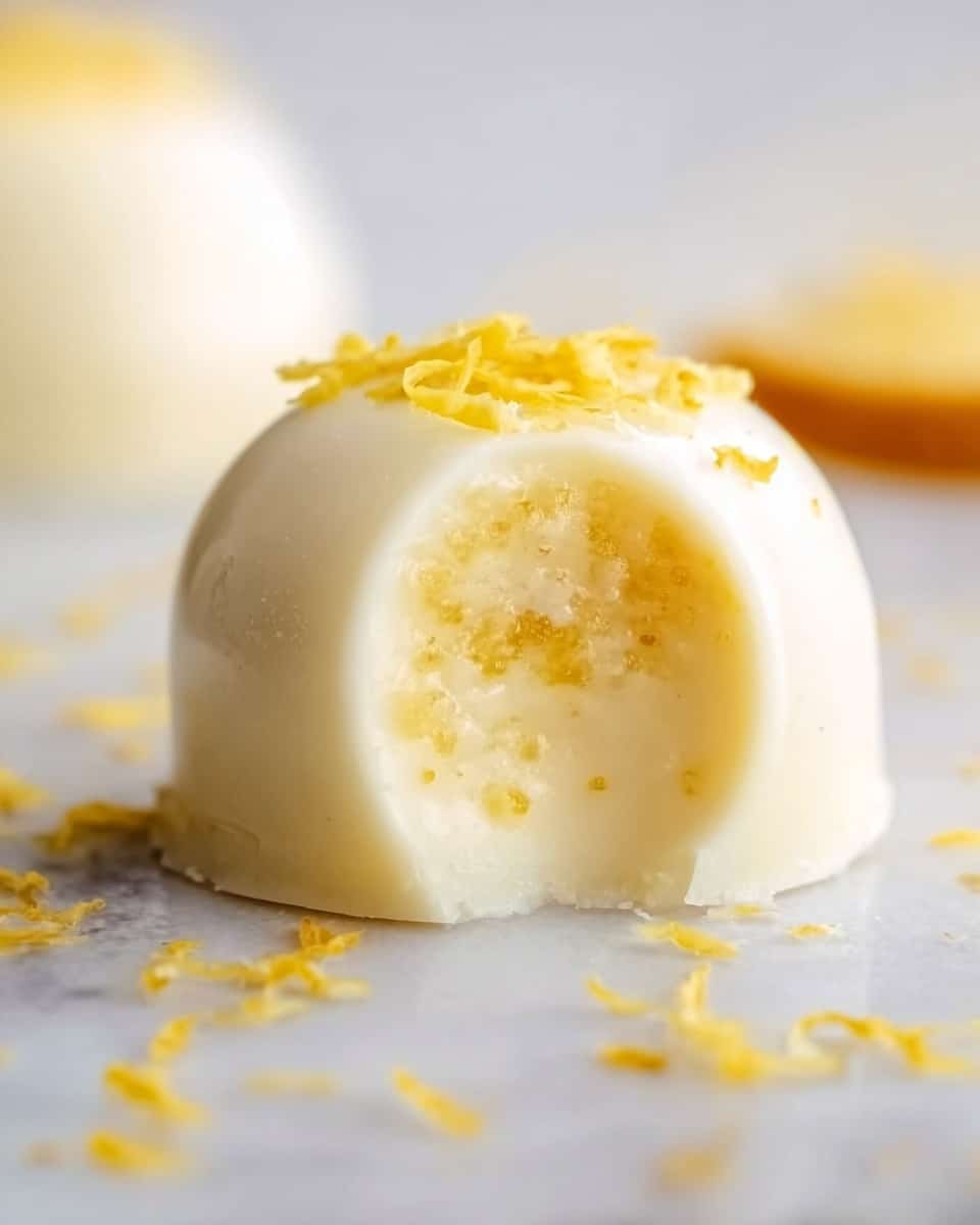 A close-up of a small round dessert with a smooth white outer shell. The shell is thin and shiny with a soft texture. Inside, there is a creamy, pale yellow filling that looks soft and a little gooey. The top is sprinkled with thin yellow zest pieces scattered around it. The dessert is placed on a white marbled surface. photo taken with an iphone --ar 4:5 --v 7