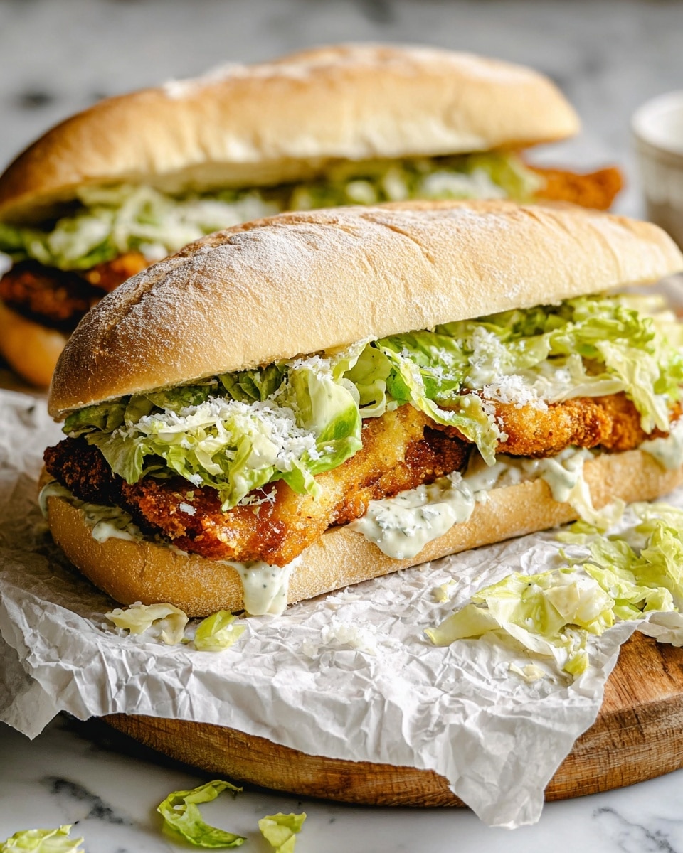 The image shows two sandwiches on white hoagie rolls with a slightly rough crust. Each sandwich has three visible layers inside: a bottom layer of a golden-brown crispy fried chicken fillet, a middle layer of fresh green lettuce with a creamy white dressing mixed in, and a top layer of grated white cheese sprinkled over the lettuce. The sandwiches rest on crumpled white parchment paper on a light wooden board, and some lettuce pieces are scattered around. The whole scene is set on a white marbled surface. photo taken with an iphone --ar 4:5 --v 7