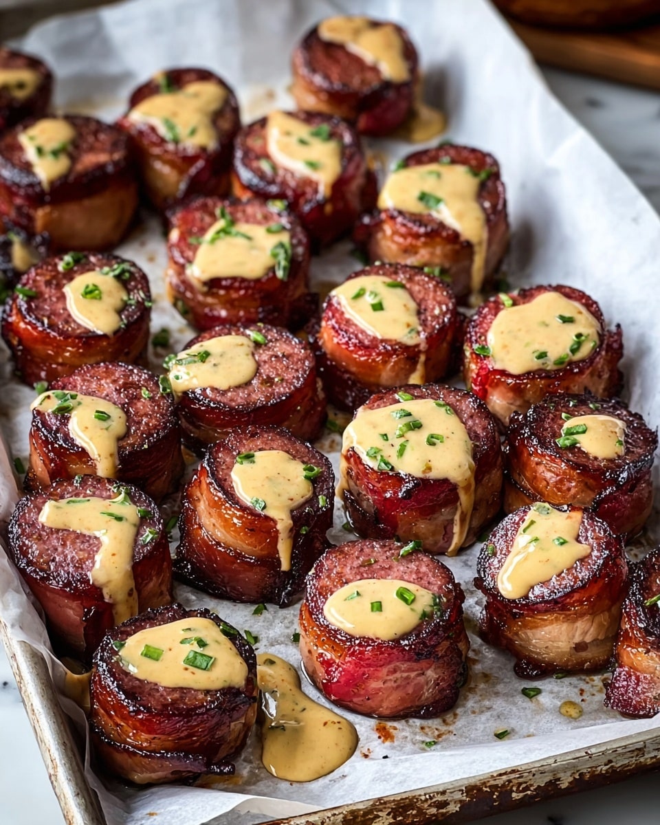 The image shows many pieces of grilled sausage cut into thick, round slices with a shiny, caramelized, dark reddish-brown surface, some with grill marks, arranged closely in a white paper-lined metal tray. Scattered green herb bits are visible over the sausage pieces, adding color contrast. In the center of the tray sits a small black bowl filled with a creamy, light beige dipping sauce speckled with black and red seasoning bits. The entire tray is set against a white marbled surface with a casual, inviting look. photo taken with an iphone --ar 4:5 --v 7