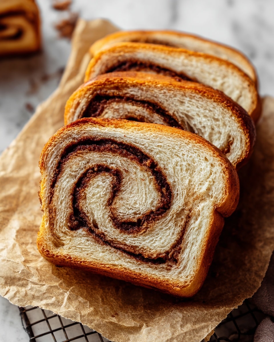 The image shows a close-up view of a cinnamon swirl bread slice with two distinct layers: a soft, light beige bread layer with an airy, slightly textured surface, and a dark brown cinnamon-sugar swirl layer that spirals through the bread, creating a smooth, glossy, and slightly grainy texture. The slice rests on another piece of bread, both placed on a white marbled surface with a gray-striped cloth underneath, with more slices stacked in the blurry background. photo taken with an iphone --ar 4:5 --v 7