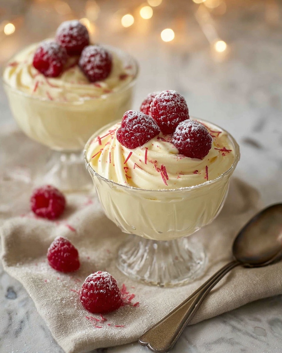 Two glass dessert cups filled with light yellow creamy mousse, each topped with three red frozen raspberries dusted with powdered sugar and sprinkled with thin red flakes. The mousse is swirled in soft peaks, filling each cup fully. The cups are placed on a beige cloth over a white marbled surface, with scattered raspberries and an antique spoon nearby. Soft warm lighting creates a cozy mood in the background. Photo taken with an iphone --ar 4:5 --v 7