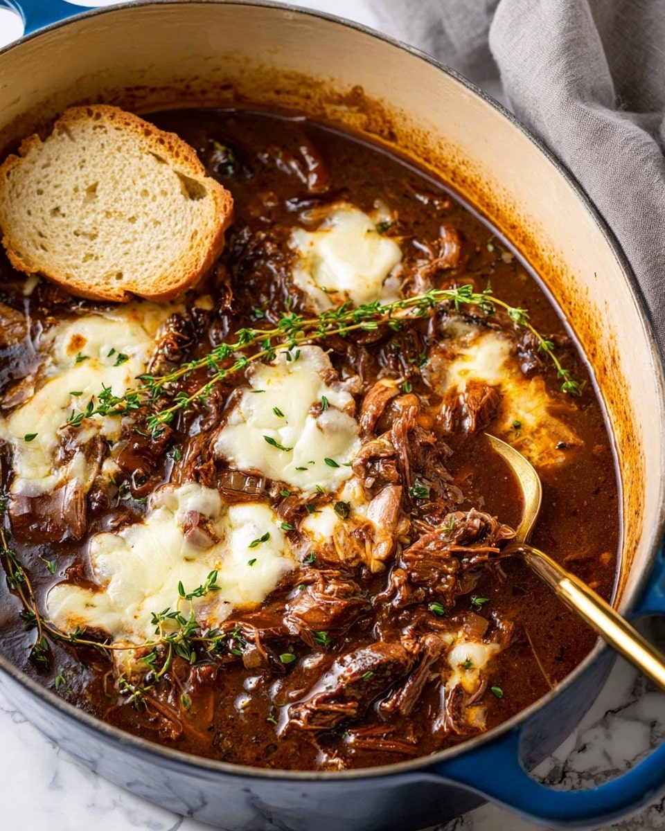 This image shows a close-up of a blue cast iron pot filled with a rich, dark brown beef stew with shredded meat in a glossy sauce. There are melted white cheese patches spread unevenly over the meat, adding a creamy texture. Two small slices of light brown bread float on top on the left side. Fresh green thyme sprigs sit on the surface for garnish. A gold spoon dips into the stew on the right side. The pot rests on a white marbled texture with a soft gray cloth partially visible on the top right. photo taken with an iphone --ar 4:5 --v 7