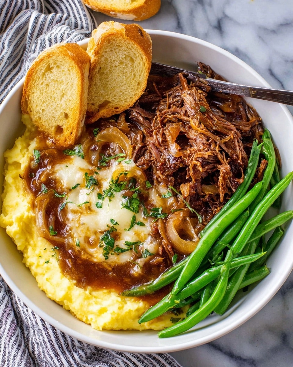 A white bowl holds a layered meal starting with a base of creamy yellow mashed potatoes on the left side, topped with a rich brown onion gravy containing soft cooked onion slices. To the right, there is shredded, tender brown beef covered in melted white cheese and garnished with fresh green herbs. At the top left edge, two pieces of toasted light brown bread rest, and on the right side of the bowl, there is a neat pile of bright green fresh green beans. The bowl sits on a white marbled surface with a striped cloth in the background, and a knife is partially visible touching the mashed potatoes. Photo taken with an iphone --ar 4:5 --v 7
