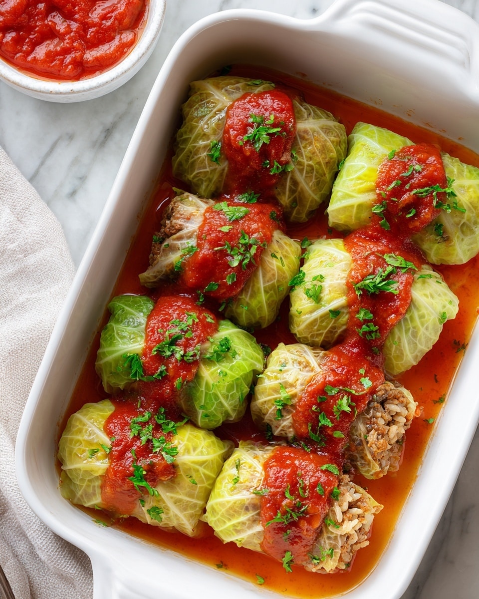 The image shows six stuffed cabbage rolls arranged in two rows inside a white baking dish. Each roll has three main layers: a soft, pale green cabbage leaf wrapping the outside, a middle layer of cooked ground meat mixed with small pieces of cooked carrot and rice in warm brown and orange tones, and a glossy bright red tomato sauce on top that is sprinkled with chopped fresh green herbs. The cabbage leaves have visible vein textures and slight translucence, with sauce pooling around the rolls at the bottom. In the background, there is a white bowl filled with extra red sauce, all placed on a white marbled surface. Photo taken with an iphone --ar 4:5 --v 7