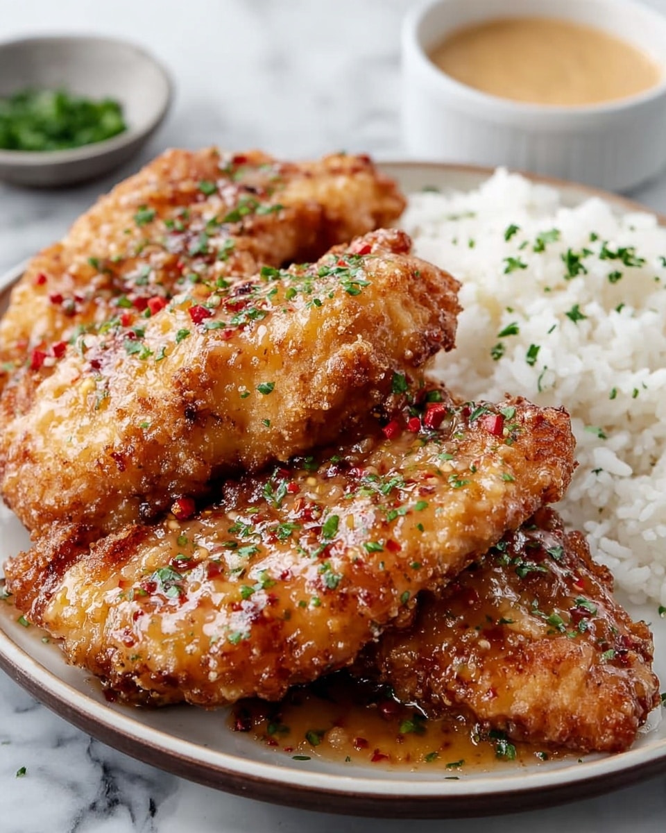 A white plate holds three crispy golden-brown fried chicken tenders covered in a sticky, shiny light brown sauce with tiny red and green bits, garnished with finely chopped green herbs on top. The tenders are positioned in a little stack on the left side of the plate. On the right side, there is a serving of white rice with small green herbs scattered throughout. In the background, there is a small white bowl with a light brown creamy dipping sauce visible on a white marbled surface. Photo taken with an iphone --ar 4:5 --v 7