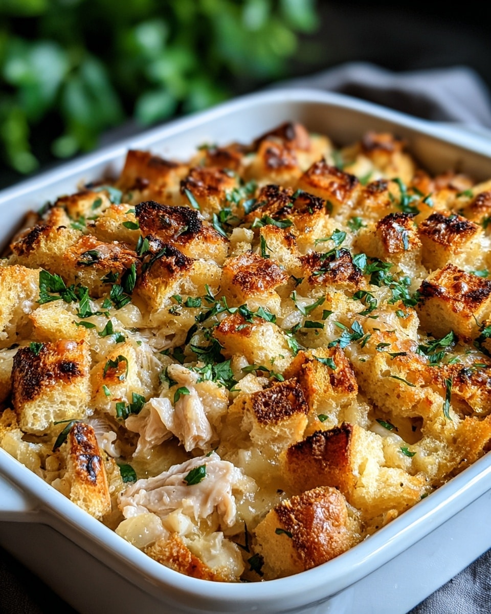 The image shows a close-up of a baked dish in a white casserole dish filled with layers of soft, light beige chunks of cooked chicken mixed with golden-brown, crunchy bread pieces on top. The top layer is scattered with fresh green herbs, adding a splash of color. The bread pieces have a toasted texture with some parts browned more than others, giving a crispy, uneven surface. The creamy sauce beneath is slightly visible between the bread and chicken, providing a smooth contrast to the crunch. The dish is placed on a white marbled surface with a blurred background of green foliage. Photo taken with an iphone --ar 4:5 --v 7