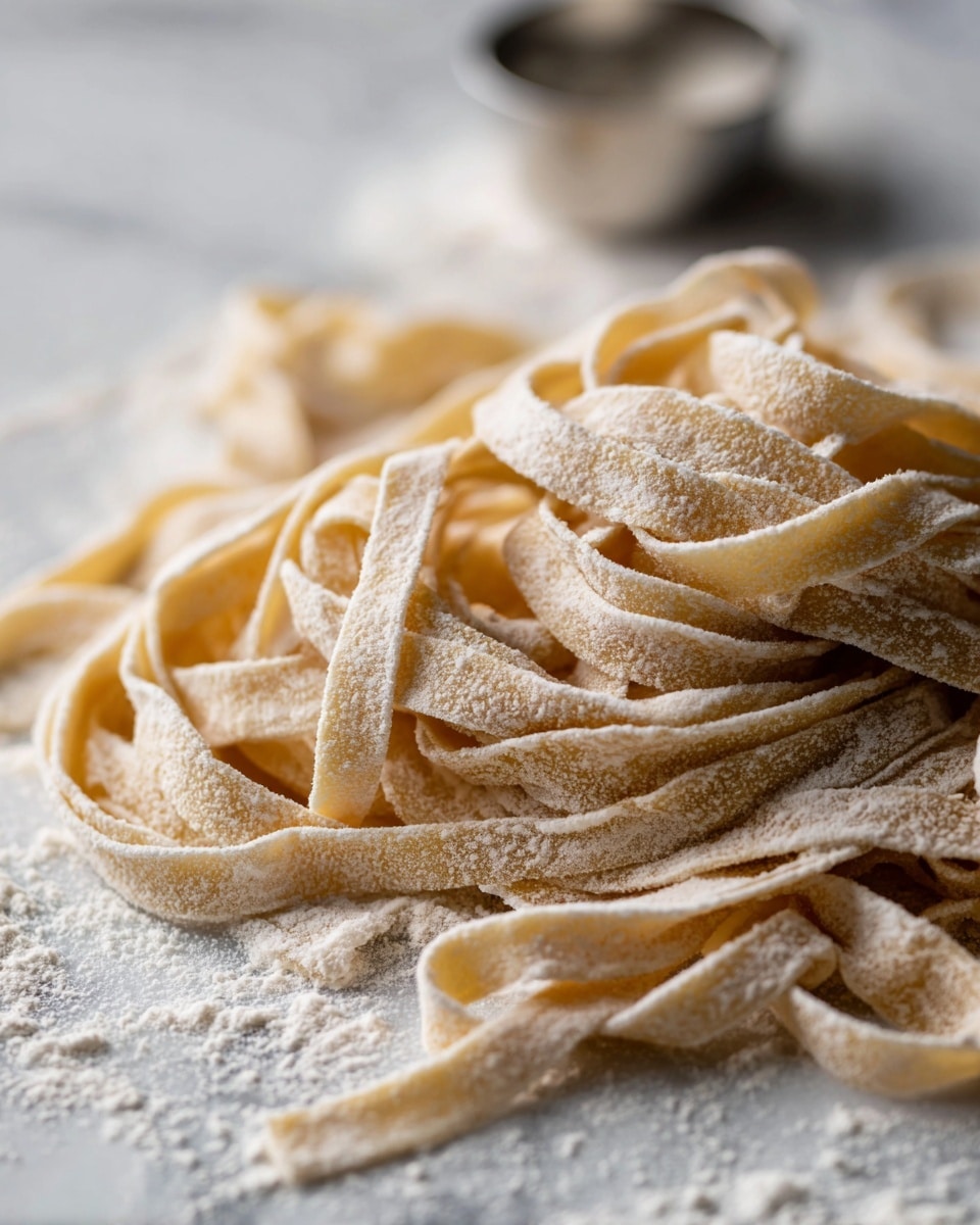The image shows a pile of freshly cut homemade pasta noodles scattered loosely on a white marbled surface dusted with flour. The noodles are thin and flat, light beige in color with a slightly rough texture from the flour coating. They are arranged in tangled loops and folds, overlapping each other in an unorganized way. In the background, there is a metal round cutter partially blurred. The lighting highlights the soft flour dust on the pasta, giving it a fresh, handmade look. Photo taken with an iphone --ar 4:5 --v 7