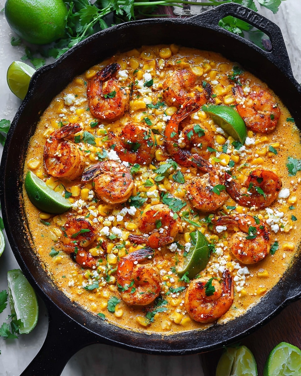 A black cast iron pan is filled with a creamy orange sauce as the base layer, dotted with small bright yellow grilled corn pieces. On top, there are about sixteen reddish-orange cooked shrimp arranged evenly, each sprinkled with green fresh cilantro leaves. There are lime wedges placed on the surface of the dish, adding bright green accents. Small white crumbles of cheese are scattered over the entire dish, providing a contrasting texture. The pan is set on a white marbled textured surface, with extra lime wedges and green herbs around it. Photo taken with an iphone --ar 4:5 --v 7