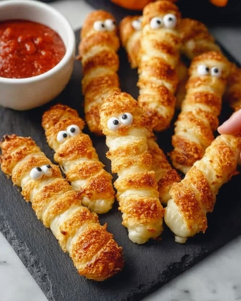 The image shows six crispy, golden-brown, cheese-filled breadsticks arranged on a dark slate board. Each breadstick has a pattern of slightly puffed, textured layers with melted cheese oozing from the ends, and two of them have small, round eyes made of black and white details placed near the top, giving them a playful, mummy-like appearance. In the background, there is a white bowl filled with red dipping sauce, positioned on a white marbled surface. A woman's hand is seen holding one breadstick at the edge of the frame. The overall look emphasizes the crunchy texture and cheesy filling with warm, inviting colors. photo taken with an iphone --ar 4:5 --v 7