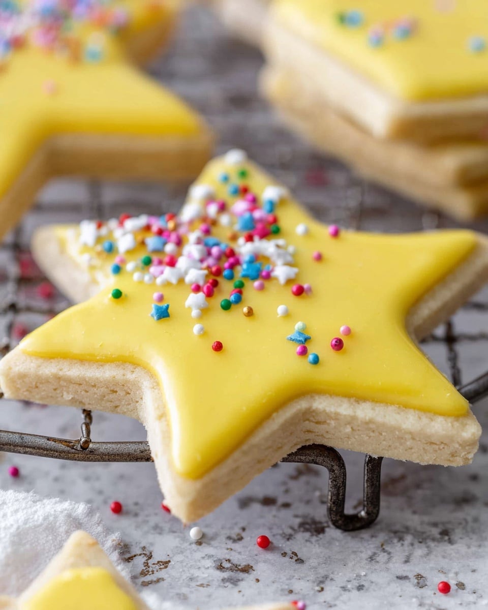 A close-up image of a star-shaped sugar cookie with two visible layers: the thick, light beige cookie layer at the bottom with a slightly grainy texture, and the smooth, glossy yellow icing layer on top that covers the cookie completely, decorated with small colorful round sprinkles in red, blue, green, pink, white, and yellow scattered unevenly across the icing; the cookie rests on a rustic metal cooling rack which sits on a white marbled surface, with parts of other similarly iced cookies visible in the blurred background. Photo taken with an iphone --ar 4:5 --v 7