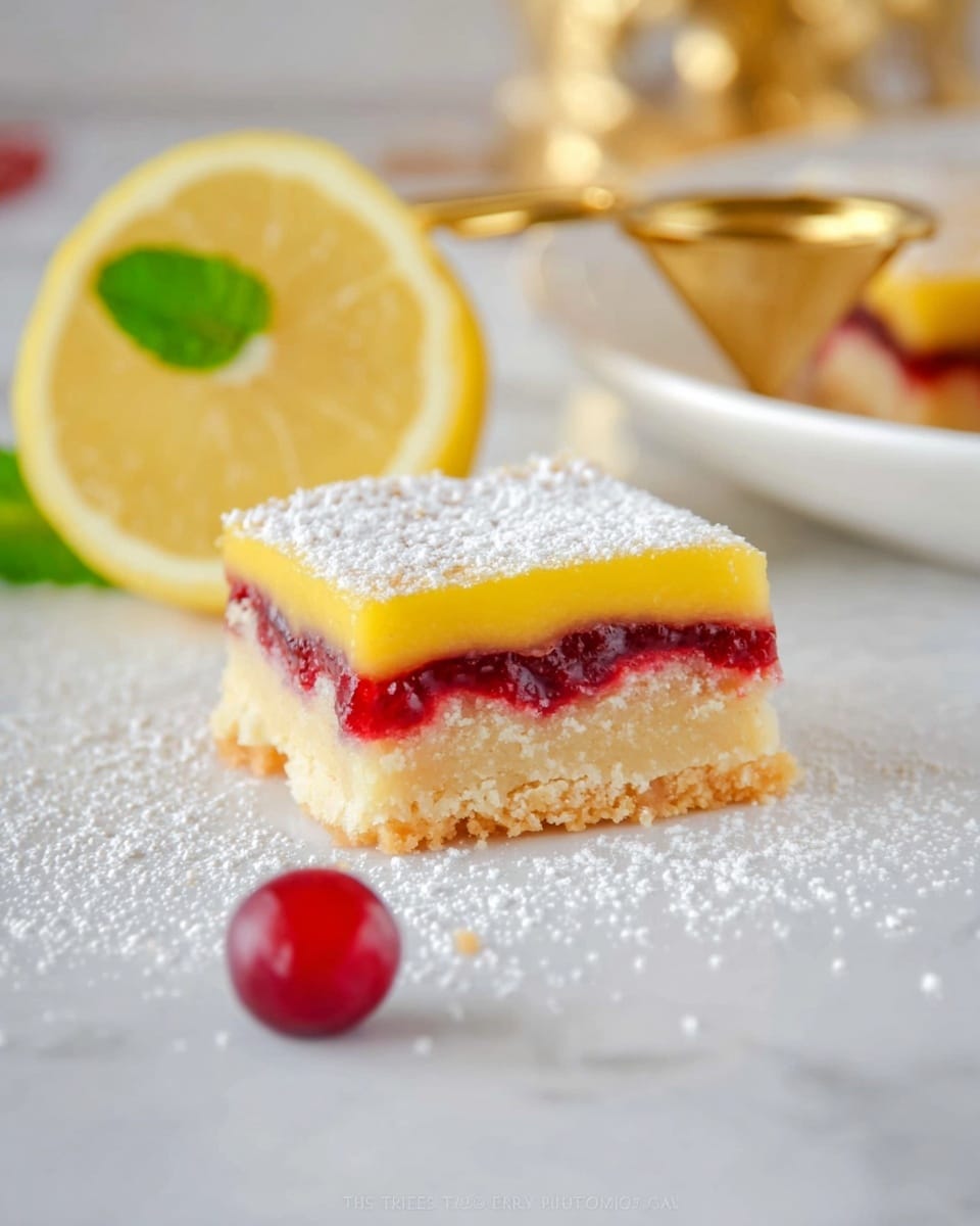 A square lemon bar with three distinct layers sits on a white plate over a white marbled surface dusted with powdered sugar; the bottom layer is a pale, crumbly shortbread, the middle layer is a thick, rich dark red raspberry filling, and the top layer is a smooth, bright yellow lemon curd crowned with a light dusting of powdered sugar; in the background, there is a slice of lemon with a green mint leaf on top and a golden sifter, with a single red cranberry also dusted with powdered sugar in the foreground. photo taken with an iphone --ar 4:5 --v 7