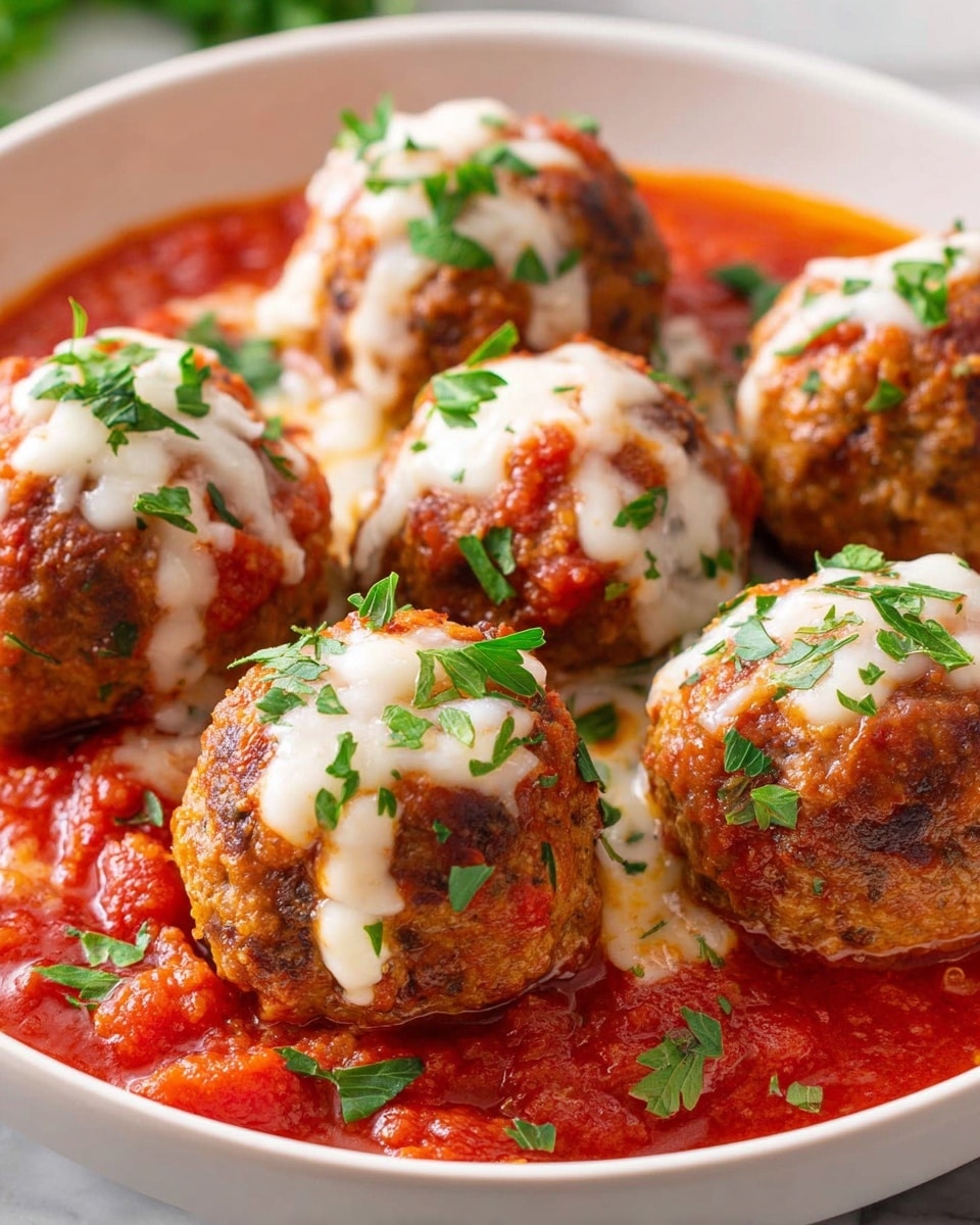 The image shows a close-up of six golden brown meatballs in a white bowl filled with bright red tomato sauce, with chunks of tomato visible. Each meatball has a layer of melted white cheese peeking from inside or on top, and they are sprinkled with fresh green parsley leaves. The tomato sauce spreads around the meatballs, filling the bottom of the bowl. The bowl is placed on a white marbled surface, giving a clean and fresh look. The textures show the soft sauce, the slightly crispy exterior of the meatballs, and the stringy cheese. photo taken with an iphone --ar 4:5 --v 7