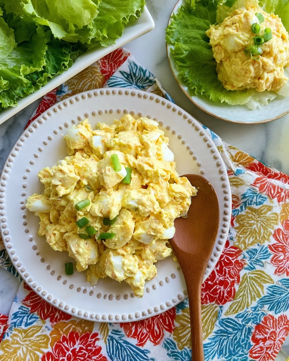 A close-up image shows a plate filled with creamy egg salad, having chunky pieces of light yellow and white eggs mixed with small green bits, topped with small green onion pieces for garnish. The egg salad is served on a white plate with a dotted rim, and a wooden spoon rests on the right side of the plate partially in the salad. Behind, on the right, there is another white plate with a green lettuce leaf and a scoop of the same egg salad, garnished with small green onion pieces. On the left side, there is a white tray holding fresh green lettuce leaves. The dishes are placed on a colorful fabric with blue, white, red, yellow, and green leaf patterns, on a surface that appears as white marble. photo taken with an iphone --ar 4:5 --v 7