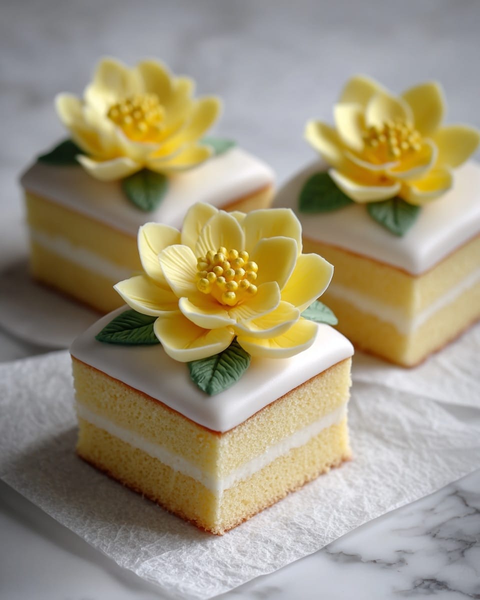 The image shows three small square cakes, each with three layers: a light yellow sponge base, a thin white cream middle layer, and a smooth white icing top layer. On top of each cake is a detailed yellow flower made of fondant, with multiple petals and small yellow pearl-like decorations in the center, along with two small green fondant leaves beside the flower. The cakes are placed on a piece of parchment paper that rests on a white marbled surface. The lighting is soft and natural, showing smooth textures and gentle shadows. Photo taken with an iphone --ar 4:5 --v 7