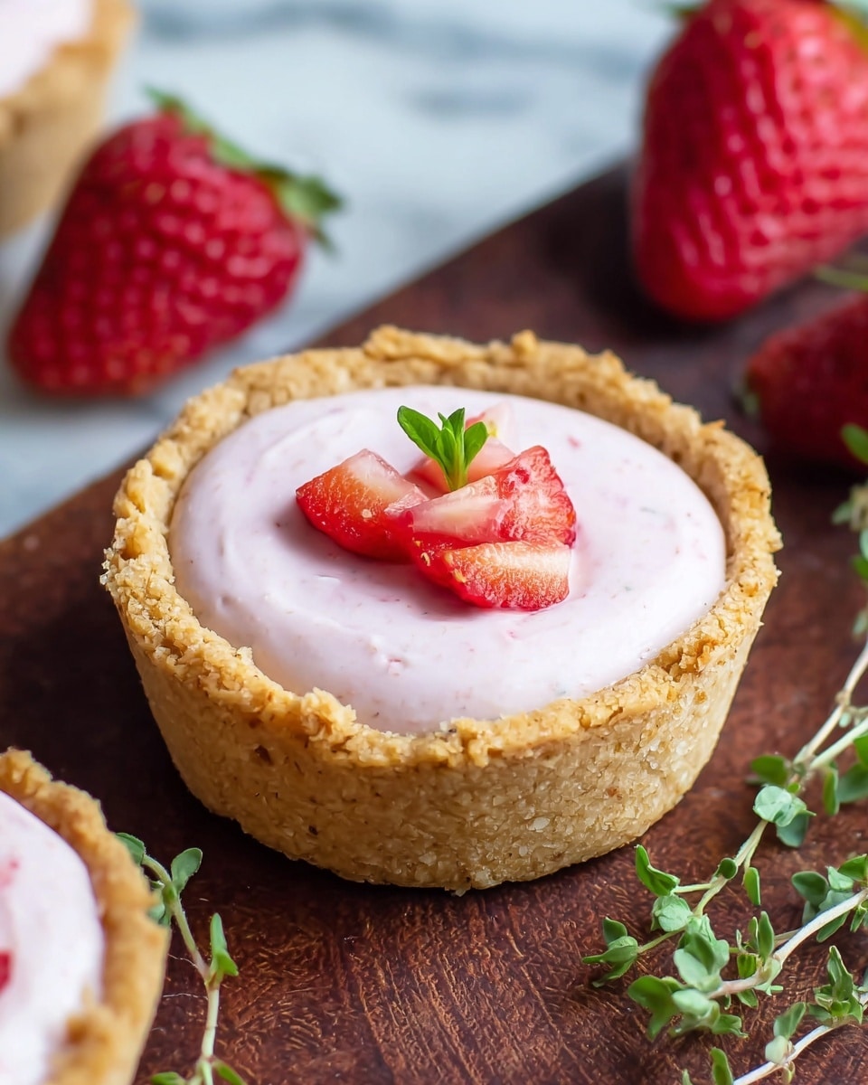 The image shows a close-up of a small tart with a thick, crumbly golden crust forming one layer. Inside, there is a smooth, pale pink creamy filling with tiny bits of strawberry visible, making up the second layer. On top of the cream, there are small red strawberry pieces and a tiny green herb leaf for decoration. The tart is placed on a dark wooden surface with a few sprigs of fresh green herbs and whole red strawberries around it. A white marbled texture is visible in the background, enhancing the fresh look of the scene. photo taken with an iphone --ar 4:5 --v 7