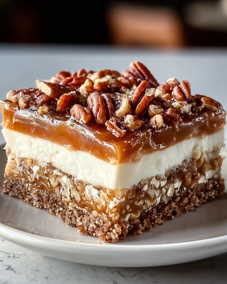 A square dessert with four distinct layers sits on a white plate over a white marbled texture. The bottom layer is a crumbly brown crust with small nut pieces embedded. Above that is a thick white creamy layer that looks soft and smooth. The third layer is a shiny caramel-colored filling mixed with chopped nuts, creating a rough and glossy texture. The top layer is a glossy caramel glaze, generously covered with whole pecans that add a rich brown color and a glossy shine, giving the dessert a crunchy and nutty finish. photo taken with an iphone --ar 4:5 --v 7