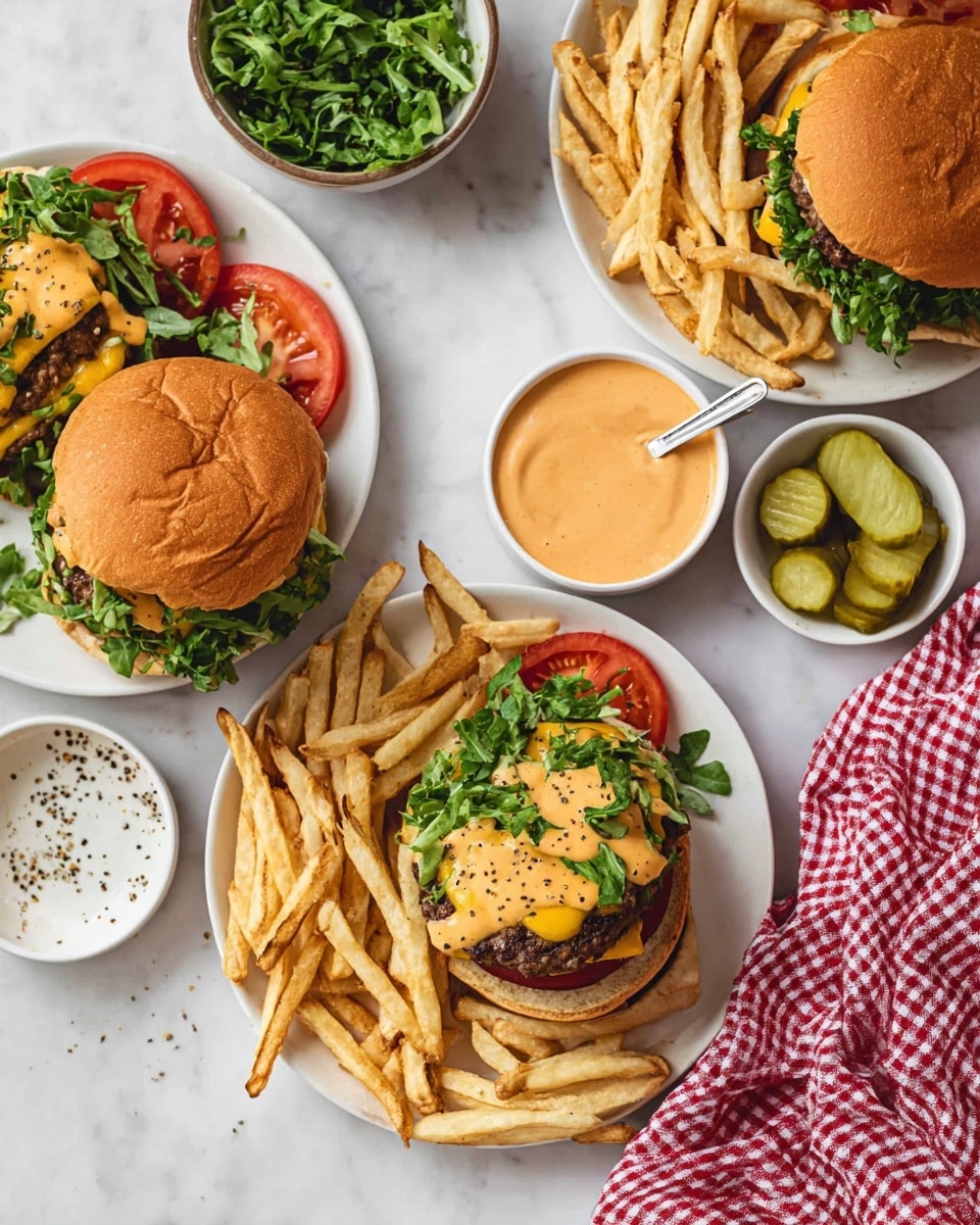 Three white plates sit on a white marbled surface, each holding a cheeseburger and a serving of golden French fries sprinkled with black pepper. Two of the burgers are open-faced, showing layers from bottom to top: a toasted burger bun, a beef patty with melted yellow cheese, bright green shredded lettuce, a slice of red tomato, a ring of white onion on one burger, and drizzled creamy orange sauce on the greens. The third burger is closed with a soft toasted bun on top. A small white bowl of creamy orange sauce with a spoon sits near the top right, and a small white bowl of sliced pickles is visible at the bottom left. A red and white checkered cloth is placed next to the bottom right plate. Photo taken with an iphone --ar 4:5 --v 7