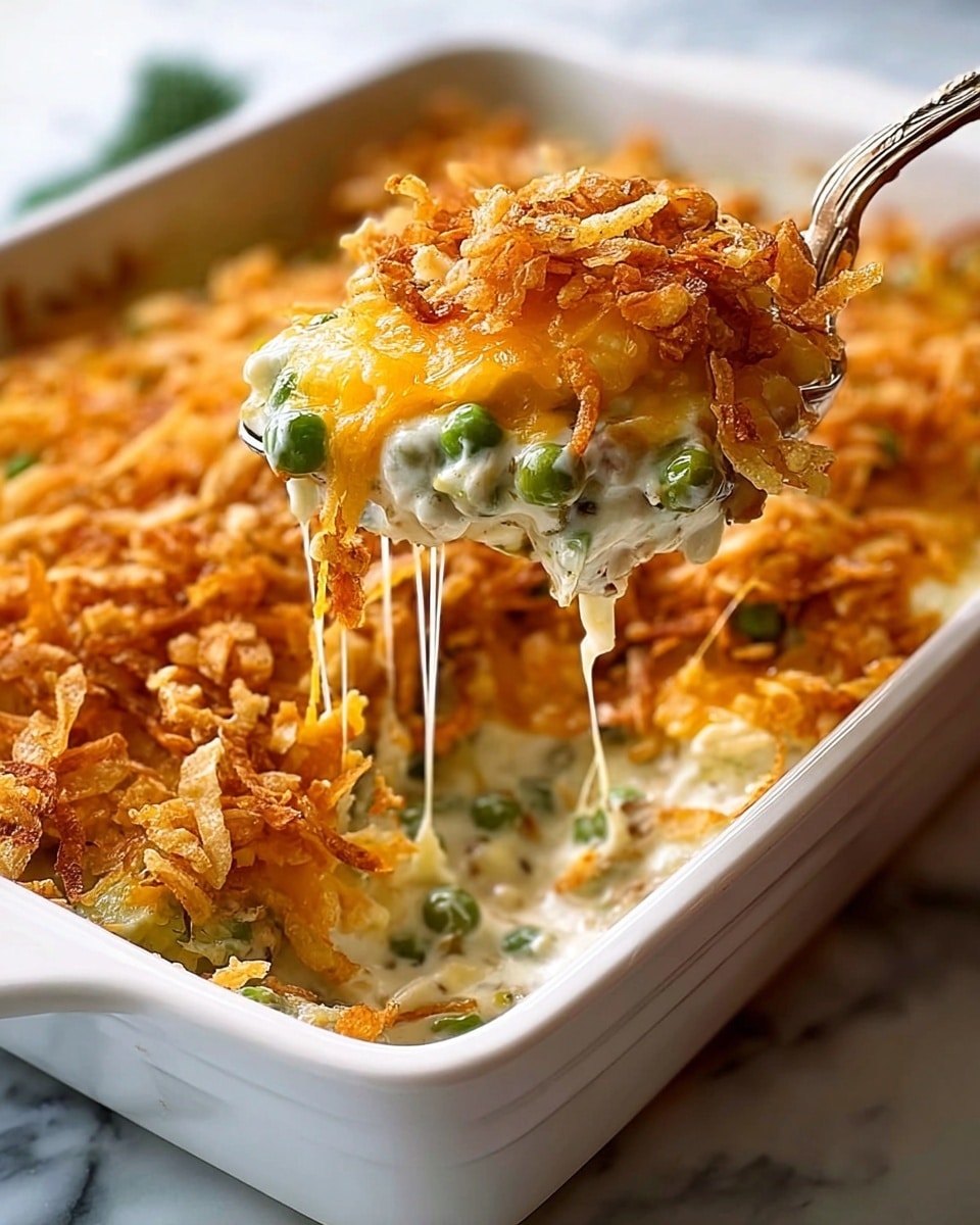 A white rectangular dish filled with a creamy casserole that has three visible layers: the bottom layer is a white sauce mixed with green peas, the middle layer has melted yellow and white cheese stretching as a spoon lifts a scoop, and the top layer is golden brown, crispy fried onion pieces that add a crunchy texture. The casserole looks thick and gooey, with some cheese dripping slightly from the lifted portion. The dish is set against a white marbled surface. photo taken with an iphone --ar 4:5 --v 7