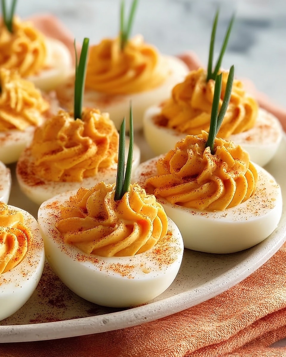 The image shows a close-up of several deviled eggs arranged on a white plate with a soft edge. Each deviled egg has three clear layers: the smooth white egg white base, a thick, creamy orange-yellow filling piped in a swirled pattern on top, and a light dusting of reddish paprika sprinkled over the filling. Each serving is garnished with two small pieces of green chive sticks standing vertically, adding a fresh and vibrant touch. The plate sits on a textured light orange cloth over a white marbled surface, enhancing the warm and inviting feel. Photo taken with an iphone --ar 4:5 --v 7