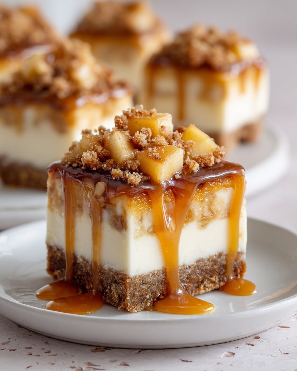 The image shows two square pieces of dessert stacked on a white plate with a white marbled texture underneath. Each piece has three clear layers: a crumbly brown base, a thick creamy white middle, and a topping of small apple chunks and crumbly brown bits; all are covered with a glossy caramel sauce that drips down the sides. The background has more pieces of the same dessert, blurred to focus on the front stack. photo taken with an iphone --ar 4:5 --v 7