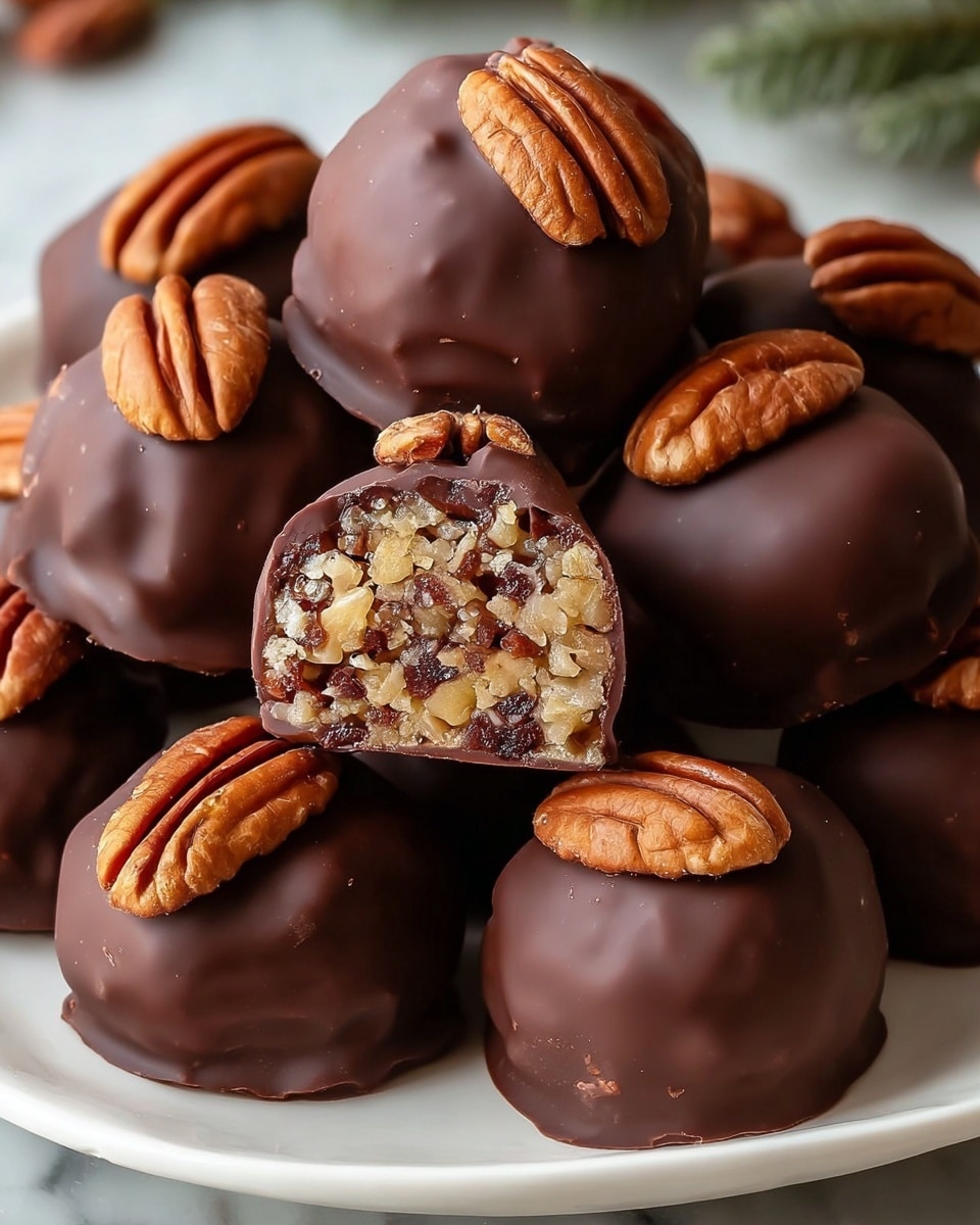 A white plate holds a pile of round chocolate-covered treats, each topped with a single whole pecan that has a smooth, light brown texture with natural ridges. The treats have a glossy, rich dark brown chocolate outer layer that looks smooth with slight ripples. One treat is cut open in the front, showing a dense inside filled with finely chopped nuts in shades of golden and reddish brown mixed in a sticky, golden syrup-like filling with a rough texture. The pile is arranged so half of the cut pieces face forward, making the layers and textures visible, all set on a white marbled surface. Photo taken with an iphone --ar 4:5 --v 7