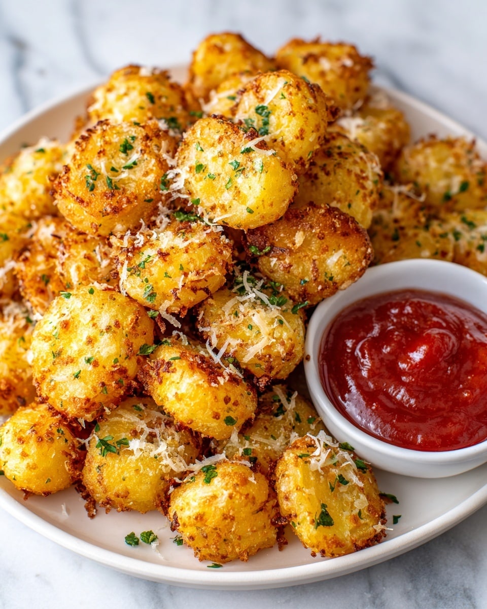 A close-up view of a white plate filled with small, golden-brown potato bites that have a crispy texture and are sprinkled with grated cheese and small green herb pieces. The potato bites are piled high and appear hot and fresh. On the right side of the plate is a white bowl filled with red dipping sauce, adding a bright contrast to the warm colors of the potatoes. The whole setup sits on a white marbled surface. photo taken with an iphone --ar 4:5 --v 7