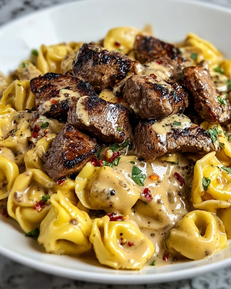 A white plate filled with a layer of yellow tortellini pasta that has a smooth and slightly shiny texture, mixed with bits of brown ground meat and sprinkled with small green herb pieces and tiny red chili flakes. On top of the pasta, there are several pieces of dark brown grilled steak with a charred and juicy surface, covered in a creamy light brown sauce with visible black pepper specks and herbs. The sauce spreads slightly over the pasta and steak, creating a rich, glossy appearance. The whole dish sits on a white marbled textured surface. photo taken with an iphone --ar 4:5 --v 7