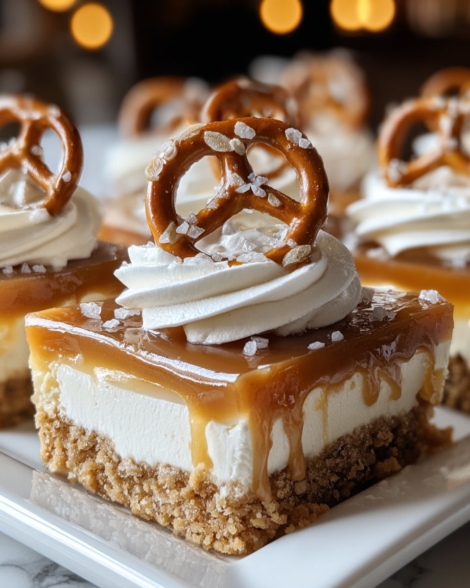 A close-up view of a multi-layered dessert bar on a white rectangular plate, resting on a white marbled surface. The dessert has a crumbly, light brown crust as the first layer, topped by a thick, creamy white layer. Above this is a smooth, glossy caramel layer that slightly drips down the sides. On top, there are swirls of white whipped cream, each topped with a small, salted pretzel showing a shiny brown color with coarse white salt crystals. The focus is sharp on the front pretzel and cream, with a softly blurred background of warm light spots. photo taken with an iphone --ar 4:5 --v 7