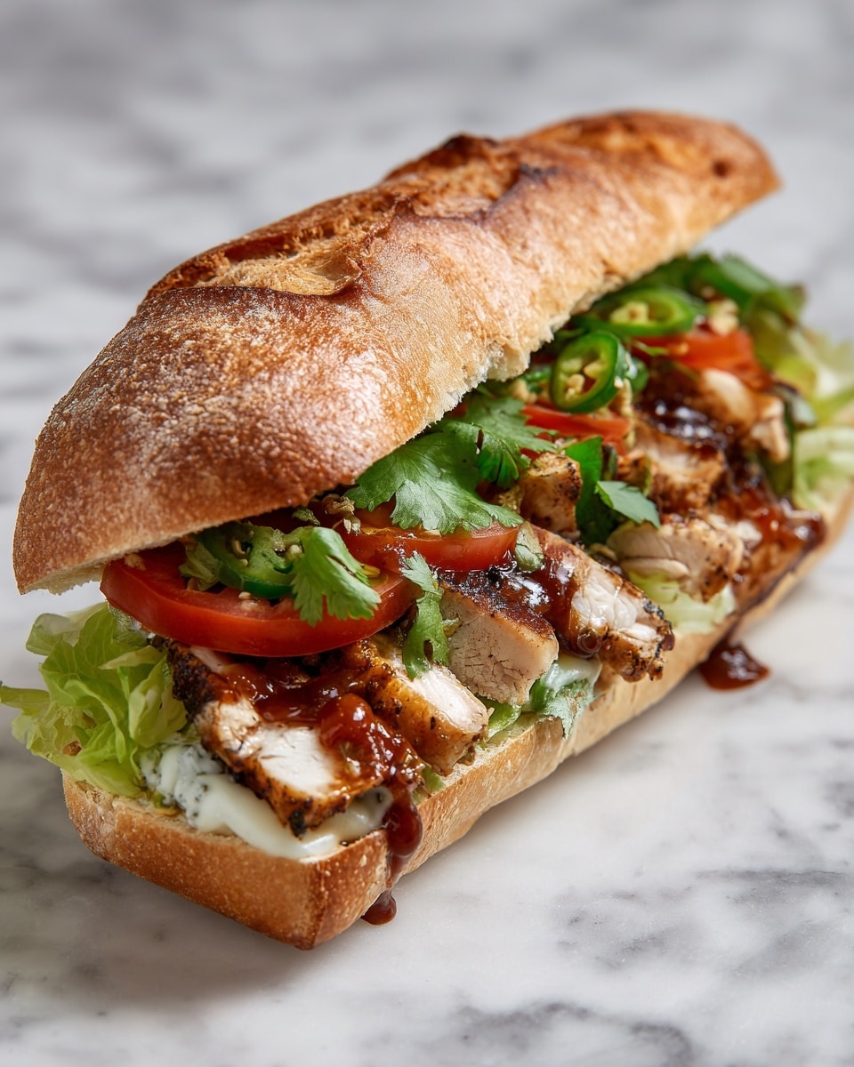 A close-up shot of a sandwich with a toasted golden brown bun on a white marbled surface. Inside, there are several thick slices of grilled, slightly charred chicken breast with visible grill marks, layered on fresh green lettuce. On top of the chicken, there are chunks of bright green avocado, vibrant red tomato slices, fresh green cilantro leaves, and a dollop of creamy white sauce. The layers create a colorful and textured look with the sandwich filling slightly spilling out from the bun. photo taken with an iphone --ar 4:5 --v 7