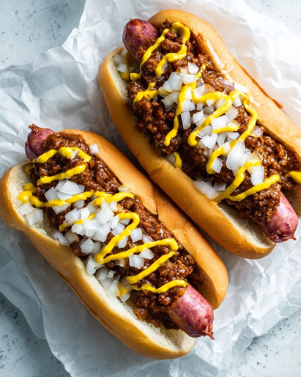 Two chili dogs sit side by side on white parchment paper over a white marbled surface. Each hot dog has a soft, light brown bun holding a pinkish sausage that is partially bitten to show the tender inside. On top, a generous layer of rich, dark brown chili covers the sausage, with bright yellow mustard drizzled in wavy lines over the chili. Freshly chopped white onions are scattered on top, adding a crunchy texture. The lighting highlights the juicy and hearty texture of the chili dogs. photo taken with an iphone --ar 4:5 --v 7