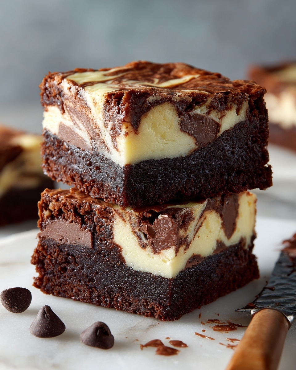 The image shows two stacked brownies with three visible layers: a dark brown, moist chocolate base, a middle creamy white cheesecake layer, and a top layer of marbled dark chocolate and white cheesecake swirls. The brownies have a fudgy texture with chunks of melted chocolate in the base and on top. They rest on a white marbled surface with a knife nearby smeared with chocolate, and scattered chocolate chips around. The photo taken with an iphone --ar 4:5 --v 7