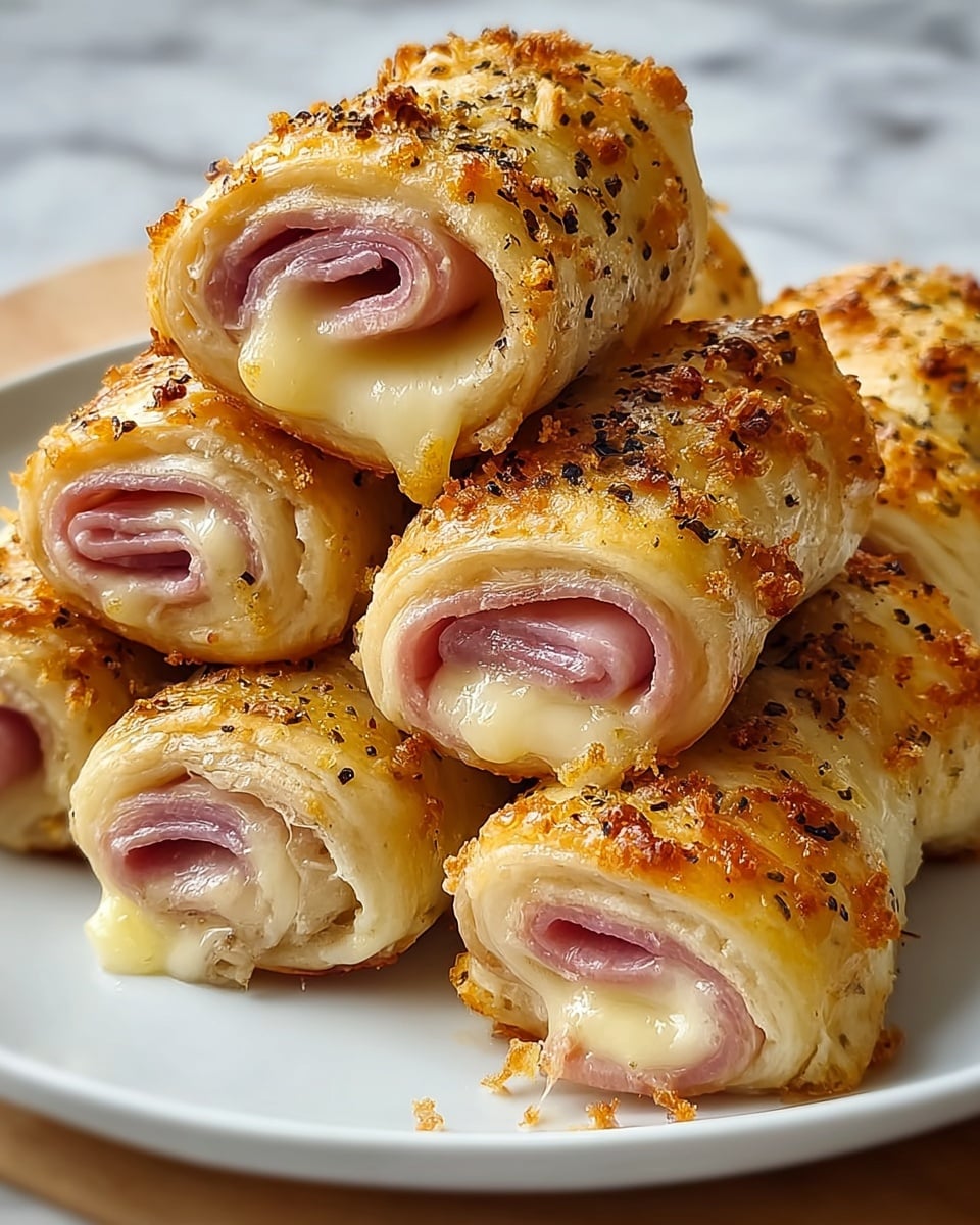 A white plate holds several rolled pastries, each with three clear visible layers: the innermost is pink ham, the middle is light yellow melted cheese oozing slightly, and the outermost is a golden-brown baked crust sprinkled with black pepper and small crispy cheese bits. The pastries are stacked close together, showing a textured, slightly shiny surface. The background has a white marbled texture. photo taken with an iphone --ar 4:5 --v 7