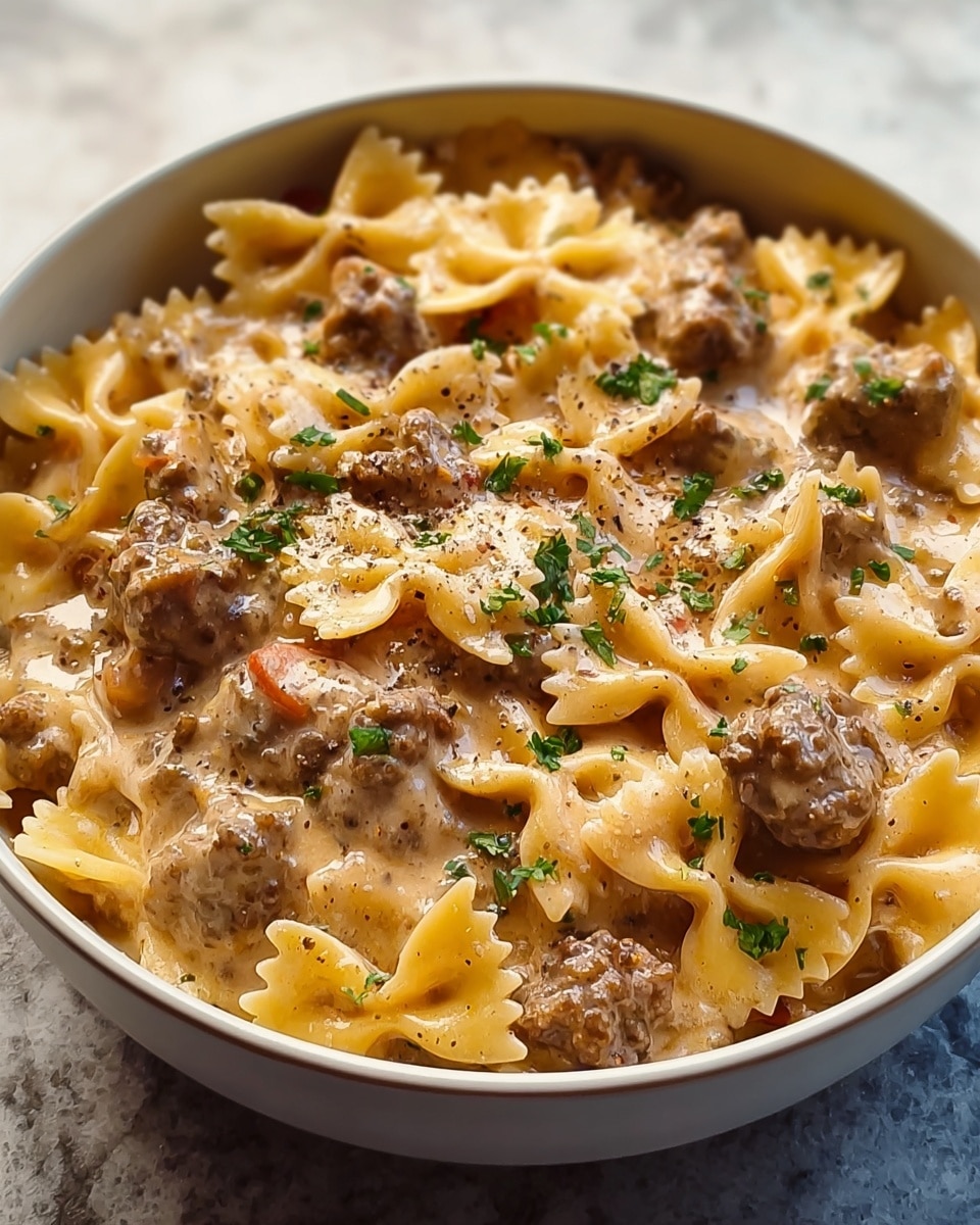 The image shows a close-up of a bowl filled with creamy pasta. The base layer is farfalle pasta with a light yellow color and soft texture, mixed evenly throughout. On top and around the pasta are chunks of browned ground meat, adding a rich brown color and a slightly rough texture. The entire dish is covered in a thick, creamy sauce with a light tan color, giving the pasta a glossy, smooth look. There are small green herb leaves scattered on top, along with a sprinkle of black pepper for extra detail. The bowl holding the food is white, sitting on a white marbled texture surface. photo taken with an iphone --ar 4:5 --v 7