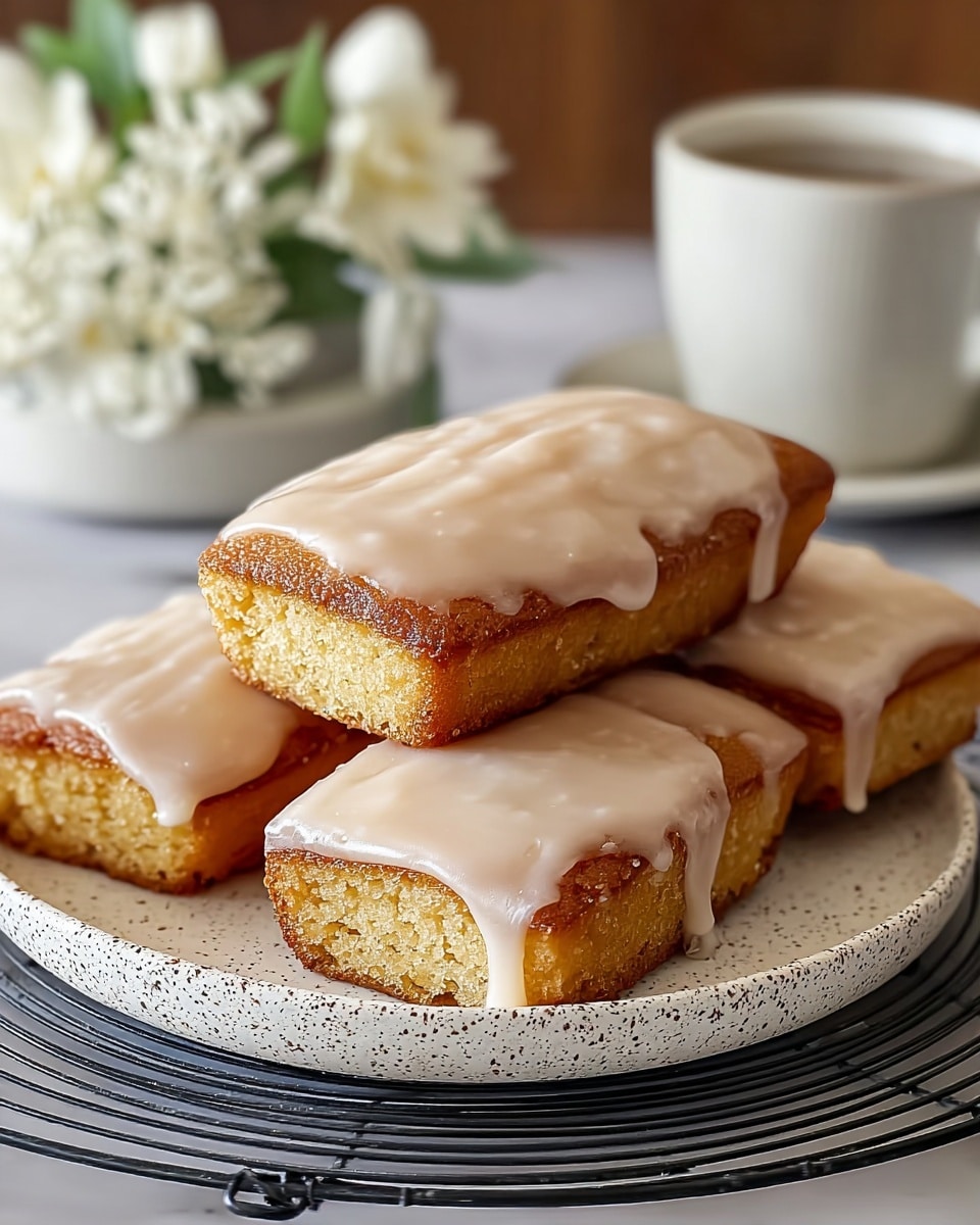 The image shows four rectangular cakes with a golden-brown base layer that looks moist and textured, topped with a smooth, glossy light beige icing layer that slightly drips down the edges. The cakes are arranged in a small pile on a speckled white plate, which sits on a round black wire cooling rack. In the blurred background, there is a white cup with a matching saucer and a cluster of white flowers, all placed on a white marbled texture surface. The photo taken with an iphone --ar 4:5 --v 7