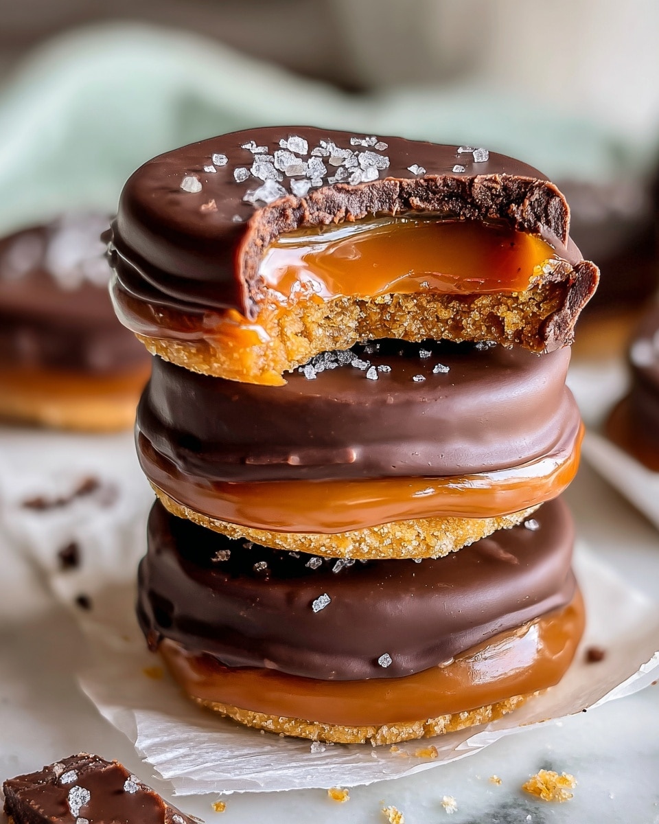 The image shows a stack of three round treats with two main layers each: a bottom layer of golden caramel with a crumbly texture, and a top layer of smooth, dark chocolate covering. The top treat has a bite taken out of it, revealing the thick, gooey caramel inside, with some coarse salt crystals sprinkled on top of the chocolate for added texture and shine. The treats rest on white baking paper placed on a white marbled surface, with small crumbs and salt scattered around. The lighting highlights the shiny, rich chocolate and the soft caramel layers, making the stack look very inviting. Photo taken with an iphone --ar 4:5 --v 7