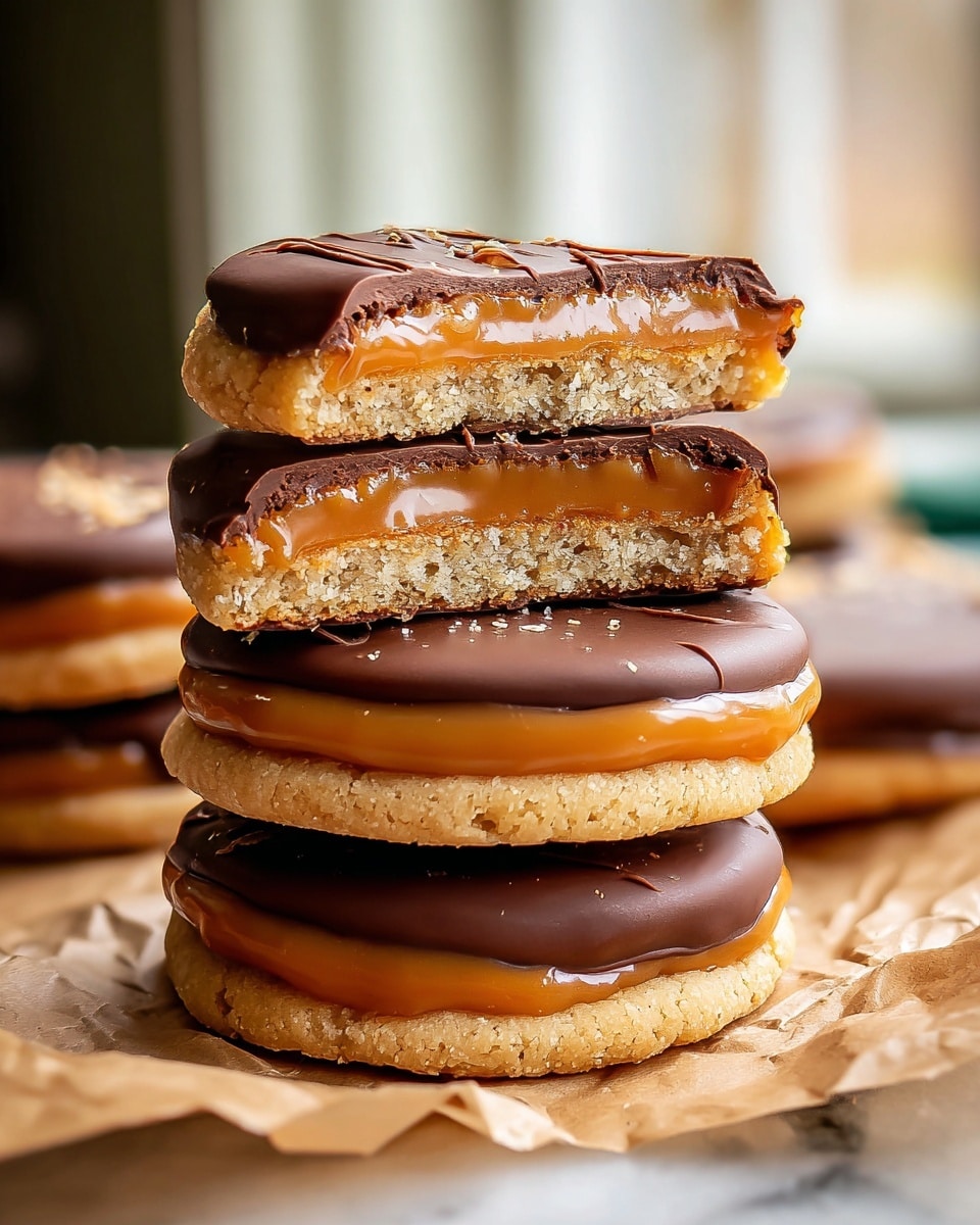 A stack of five round cookies with a crumbly tan base layer, topped with a thick, soft-looking caramel layer that is a warm golden brown, covered by a smooth, glossy dark chocolate layer on top. The top cookie is cut in half, showing the clear layers: a rough-textured tan base, a smooth caramel middle, and a shiny dark chocolate top covering. The cookies sit on crinkled parchment paper on a white marbled surface, with soft natural light coming from a window in the background. Photo taken with an iphone --ar 4:5 --v 7