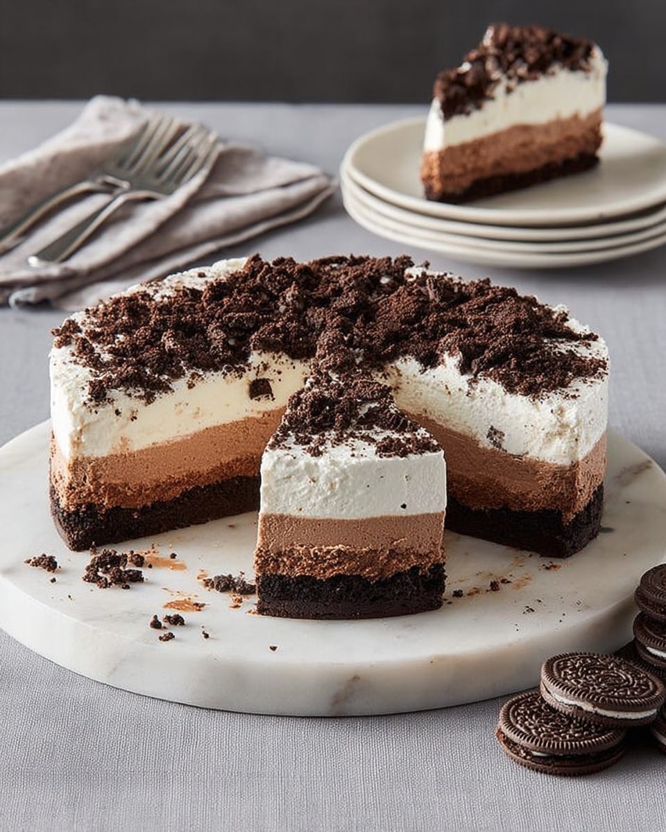 A round layered dessert sits on a white marble surface, placed on a white marble board. The dessert has three layers: the bottom layer is dark and crumbly, resembling crushed chocolate cookies, the middle layer is thick and light brown with a smooth mousse texture, and the top layer is thick and white, looking like whipped cream. The dessert is topped with a generous sprinkle of crushed dark chocolate cookies, adding a rough texture. Two slices are cut and slightly pulled away, showing the clean separation of layers. In the background, there are two white plates stacked with a slice of the same dessert, and to the side, there are two silver forks and some whole chocolate cookies. Photo taken with an iphone --ar 4:5 --v 7