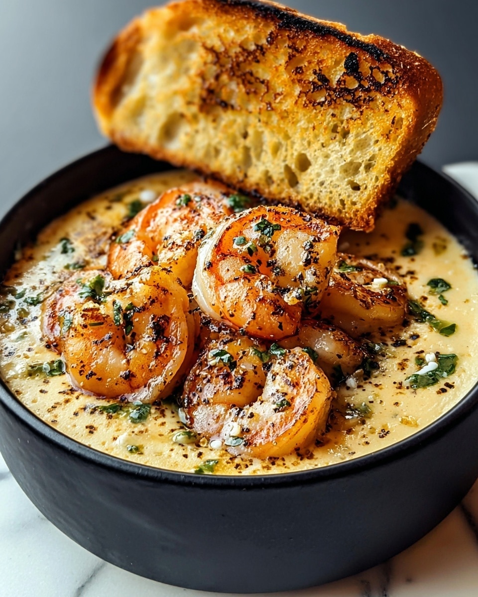 A black bowl filled with a creamy, light yellow base layer topped with six grilled shrimp that are pinkish-orange with black seasoning specks and small green herb pieces scattered on them. A single large slice of toasted bread with a golden-brown crust is placed upright on one side of the bowl. The dish is set on a white marbled texture surface. Photo taken with an iphone --ar 4:5 --v 7