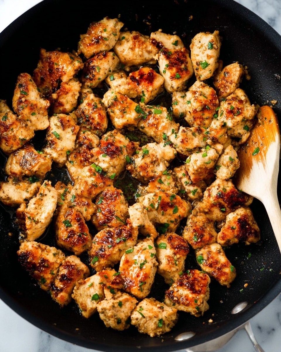 The image shows many small pieces of cooked chicken in a black skillet. The chicken pieces are golden brown with a crispy, slightly charred texture and have green chopped herbs sprinkled on top. The skillet is full, and the chicken looks juicy and well-seasoned. There is also a small part of a light wooden spoon visible on the right side of the skillet. The background surface is a white marbled texture. photo taken with an iphone --ar 4:5 --v 7