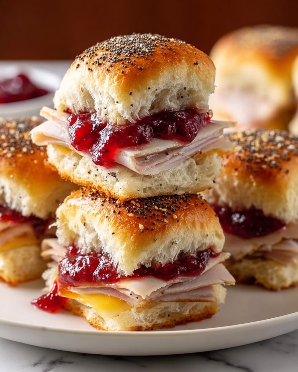 A stack of four small sandwiches sits on a white plate over a white marbled surface. Each sandwich has three layers: the top and bottom layers are golden brown soft bread rolls sprinkled with a mix of black and white poppy seeds. The middle layer contains thin slices of light pink turkey meat, topped with a layer of melted light yellow cheese, and a glossy bright red cranberry sauce is spread on top of the turkey, slightly oozing out around the edges. The sandwiches look soft and juicy with a visible fluffy bread texture inside. Photo taken with an iphone --ar 4:5 --v 7